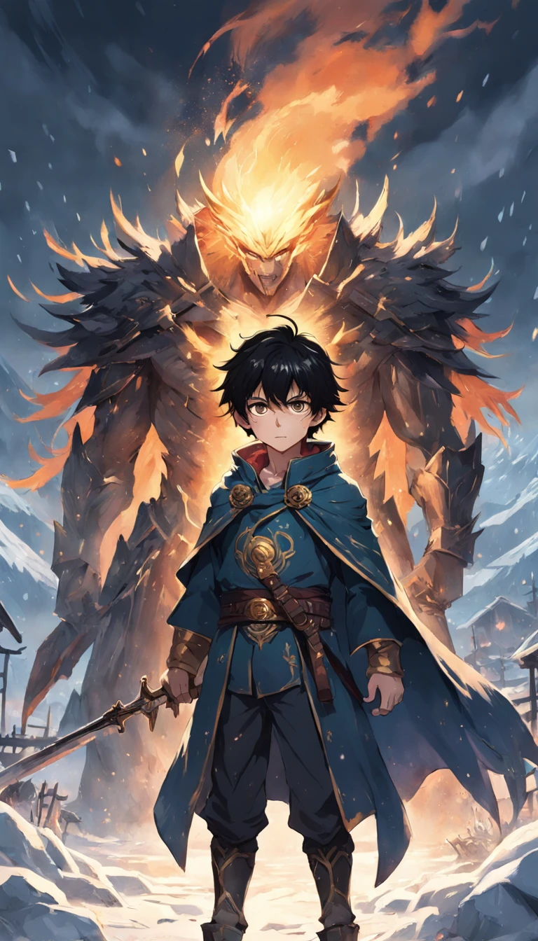 Epic scene where, in the middle of a destroyed and cold village, covered in dense snow, the young boy protagonist with dark hair and shining golden eyes, injured by the confrontation, awakens the power of fire