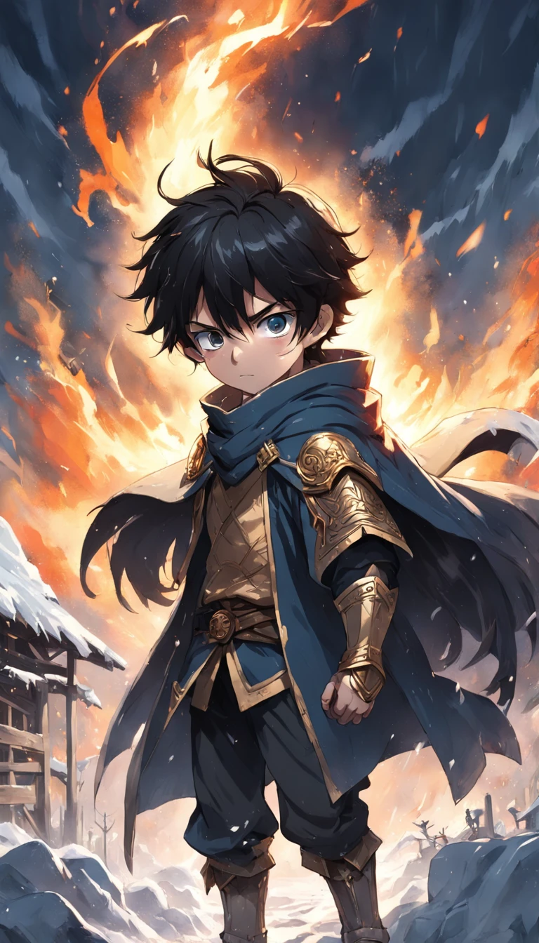 Epic scene where, in the middle of a destroyed and cold village, covered in dense snow, the young boy protagonist with dark hair and shining golden eyes, injured by the confrontation, awakens the power of fire