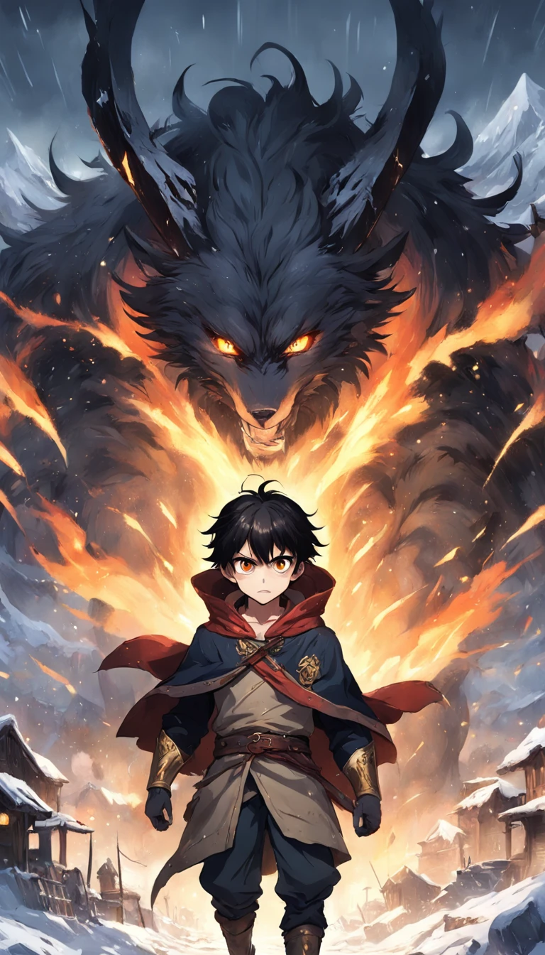 Epic scene where, in the middle of a destroyed and cold village, covered in dense snow, the young boy protagonist with dark hair and shining golden eyes, injured by the confrontation, awakens the power of fire