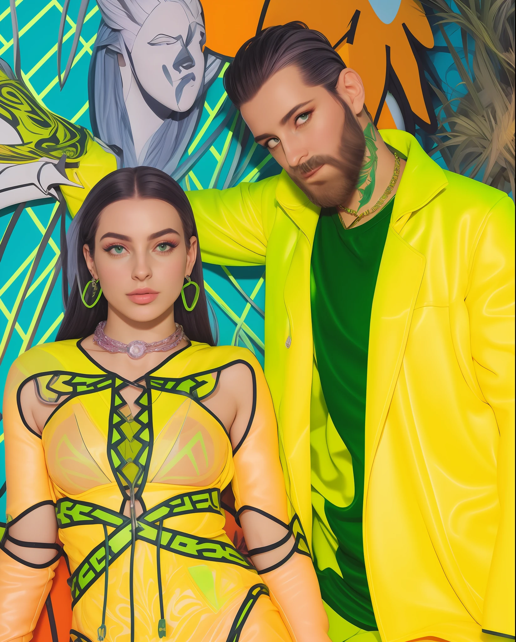 uma mulher em um vestido verde neon e um homem em uma jaqueta amarela, Charli Bowater e Artgeem, Editorial Oficial da Versace, neon vibes, Directed by: Galen Dara, 🤬 🤮 💕 🎀, inspirado em Elsa Bleda, Marcos Ariano, imagem de perfil, Jen Bartel, Raphael Personnaz, usando um vestido verde neon, Versace, NOVO ,Cléo Pires