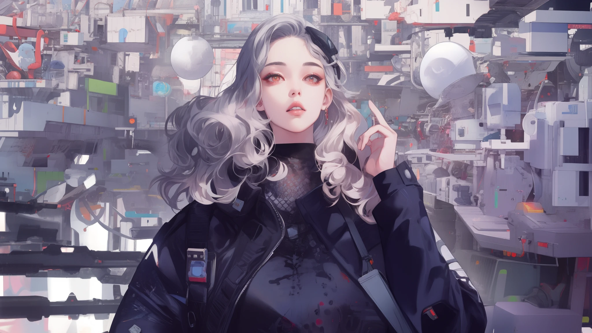 (masterpiece, best quality), beautiful woman, detailed printed cropped top, skirt, wavy hair, beautiful face, perfect face, big gorgeous eyes, parted lips, perfect slim fit body, seoul cyberpunk city, bright colors, (risograph)