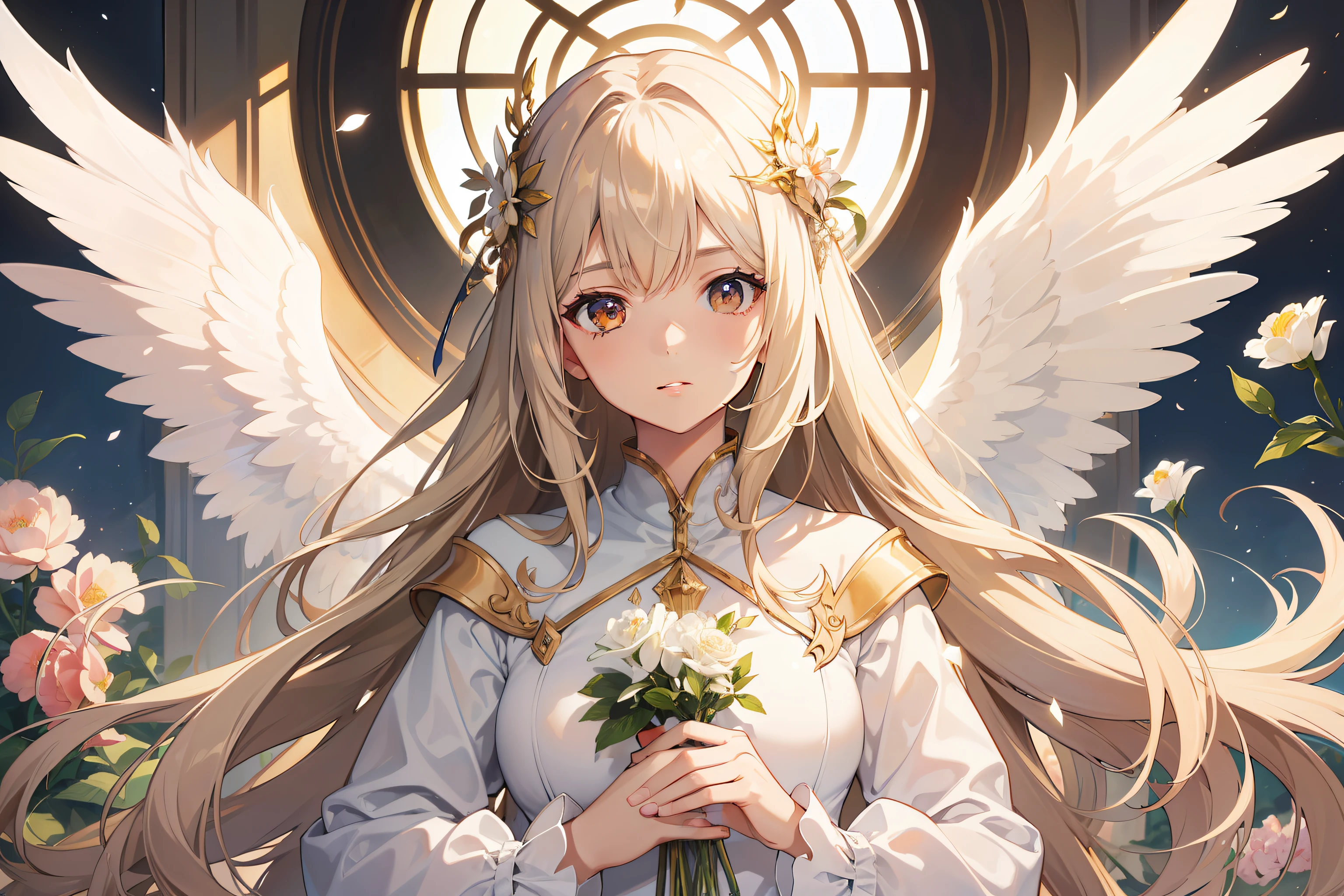 Official Art, Masterpiece European female, angel, white wings, pale brown hair , brown eyes, (masterpiece、top-quality、hight resolution: 1.4),in 8K, Anime Art Nouveau, highly detailed exquisite fanart, anime fantasy illustration, clean detailed anime art, detailed anime art, Sharp Focus, Delicate Beautiful Hair and Eyes and Face, realisitic, ultra-detailliert, flower garden, sunlight,