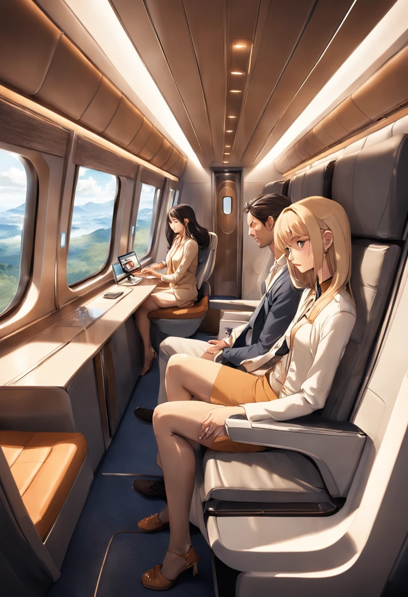 ((melhor qualidade)) , (( um homem e uma mulher, 30 anos)), seated in a detailed and immersive representation of the interior of a luxury cabin, vip, com bancos para duas pessoas, um home e uma mulher sentados,trem-bala moderno, capturing its beauty and technology vividly. The perspective view reveals the spacious and elegant compartment, where ergonomic seats clad in sophisticated fabrics provide comfort to passengers. Soft ambient lighting enhances futuristic design details, while large panoramic windows display a moving landscape. . High-speed connectivity keeps passengers connected, while ingenious aerodynamics minimize vibrations and noise. This scene transports viewers on a luxurious, high-tech journey into the heart of rail innovation."