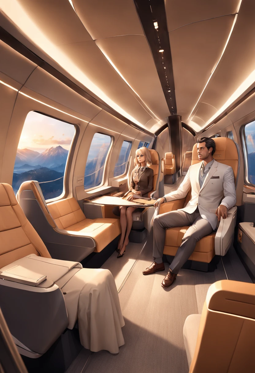 ((melhor qualidade)) , (( um homem e uma mulher, 30 anos)), seated in a detailed and immersive representation of the interior of a luxury cabin, vip, com bancos para duas pessoas, um home e uma mulher sentados,trem-bala moderno, capturing its beauty and technology vividly. The perspective view reveals the spacious and elegant compartment, where ergonomic seats clad in sophisticated fabrics provide comfort to passengers. Soft ambient lighting enhances futuristic design details, while large panoramic windows display a moving landscape. . High-speed connectivity keeps passengers connected, while ingenious aerodynamics minimize vibrations and noise. This scene transports viewers on a luxurious, high-tech journey into the heart of rail innovation."