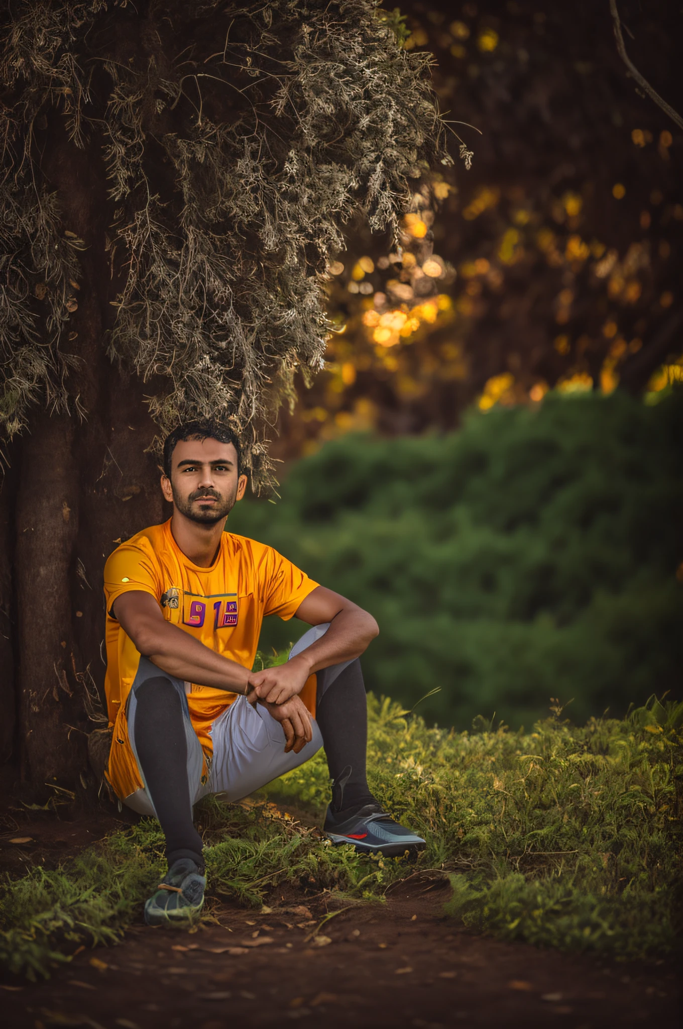 Arafed man sitting on the ground in front of a tree, retrato ambiental, Retrato tirado 8 K, Retrato no meio da foto, imagem retrato, wide angle dynamic portrait, Daniel Dociu, Retrato Grande Angular, Retrato de 50mm, Retrato Grande Angular, foto retrato, retrato da fotografia, retrato de alta qualidade, imagem retrato, sentado em um campo