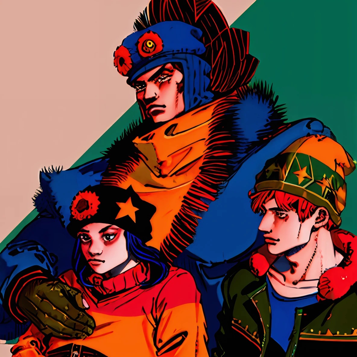 Hombre rudo, hombre grande, hombre fuerte, hombre con barba, hombre con cabello rubio, ushanka, gorro de invierno, cicatriz en ojo derecho, gabardina plateada, camisa verde, scowling, hombre enojado, observando al espectador, fondo rojo, fondo rojo con estrellas amarillas, estrellas amarillas.