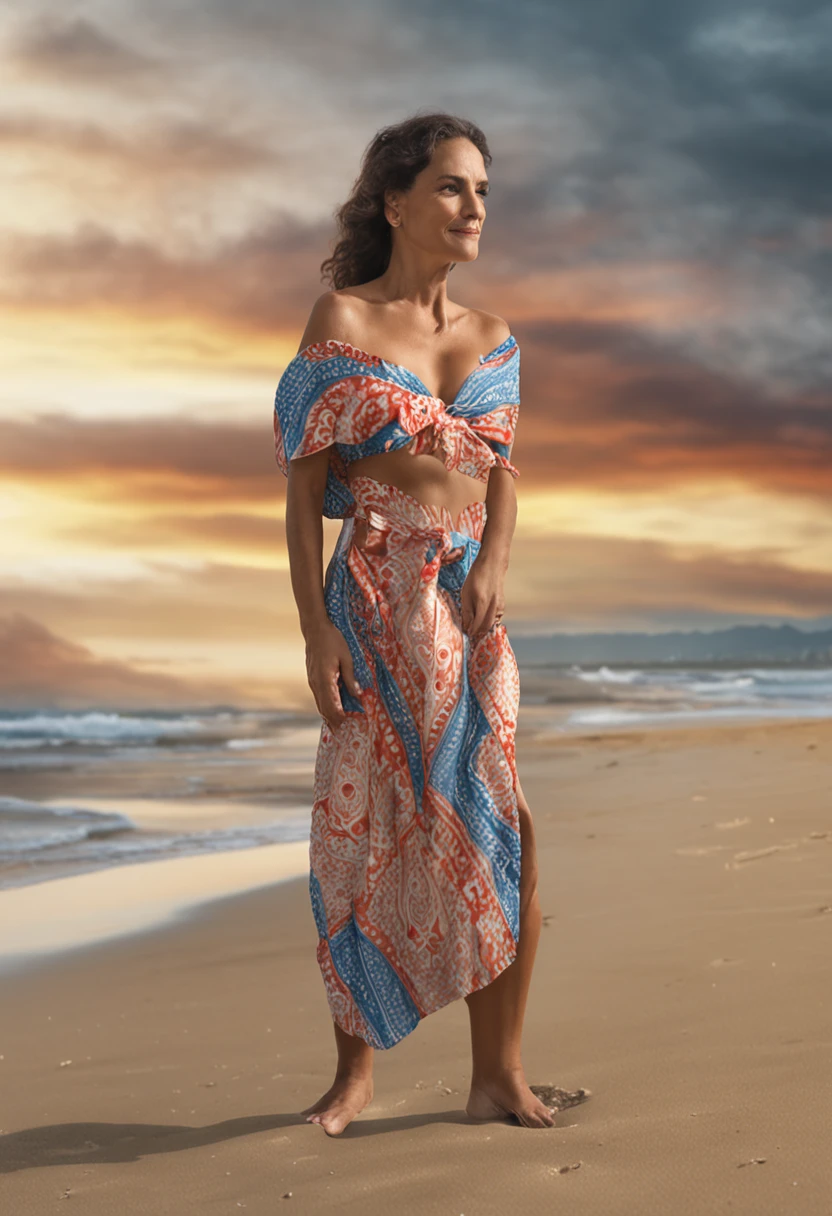 crie por favor a imagem realista de uma mulher na praia, segurando um tecido aberto, como uma toalha de praia. A mulher deve estar de biquini e mostrar a estampa do tecido. this image will be from a catalog selling this fabric.