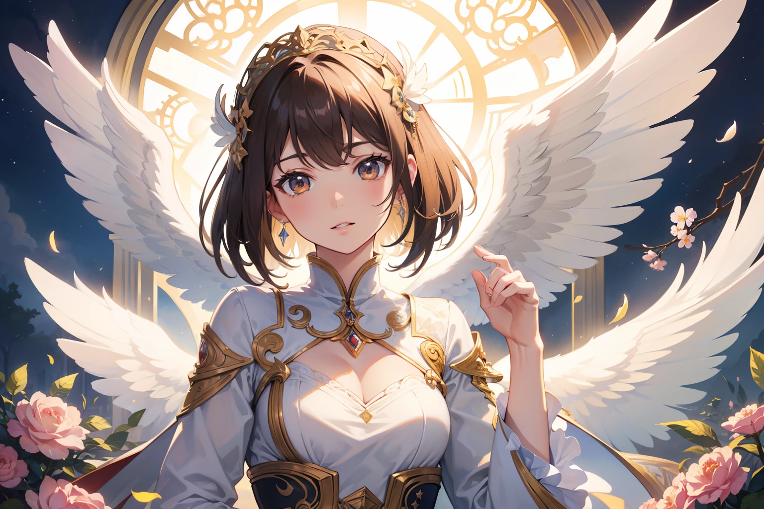 Official Art, Masterpiece European female, angel, white wings, brown short hair , brown eyes, (masterpiece、top-quality、hight resolution: 1.4),in 8K, Anime Art Nouveau, highly detailed exquisite fanart, anime fantasy illustration, clean detailed anime art, detailed anime art, Sharp Focus, Delicate Beautiful Hair and Eyes and Face, realisitic, ultra-detailliert, flower garden, sunlight,