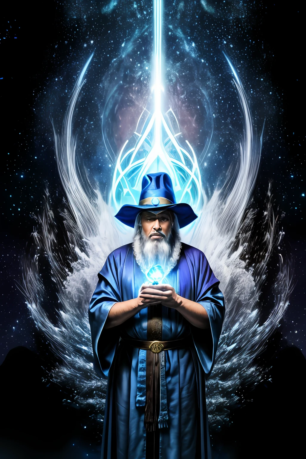 nerdphoton1, (master part:1.2), (melhor qualidade), circunstanciado, UHD, Cinematic lighting, foco nítido, (illustration:1.1), intrincado, Velho Mago com longos cabelos brancos e barba, wearing a wizard's robe and hat, hands holding a floating object, hands holding a floating bright blue crystal in front, fechar para cima, em uma sala mal iluminada, Magician's Room, luzes brilhantes, luzes piscando,