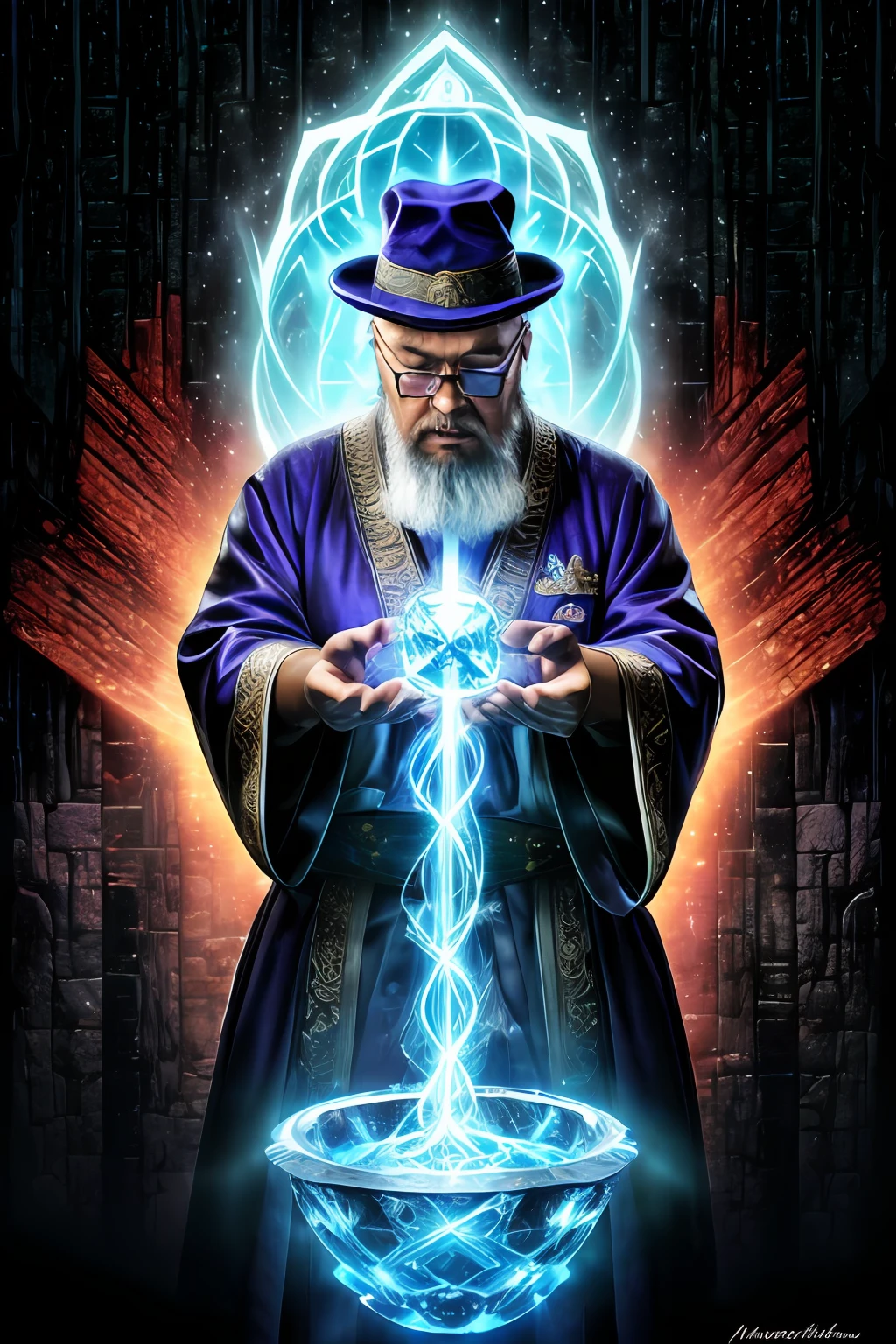 nerdphoton1, (master part:1.2), (melhor qualidade), circunstanciado, UHD, Cinematic lighting, foco nítido, (illustration:1.1), intrincado, Velho Mago com longos cabelos brancos e barba, wearing a wizard's robe and hat, hands holding a floating object, hands holding a floating bright blue crystal in front, fechar para cima, em uma sala mal iluminada, Magician's Room, luzes brilhantes, luzes piscando,