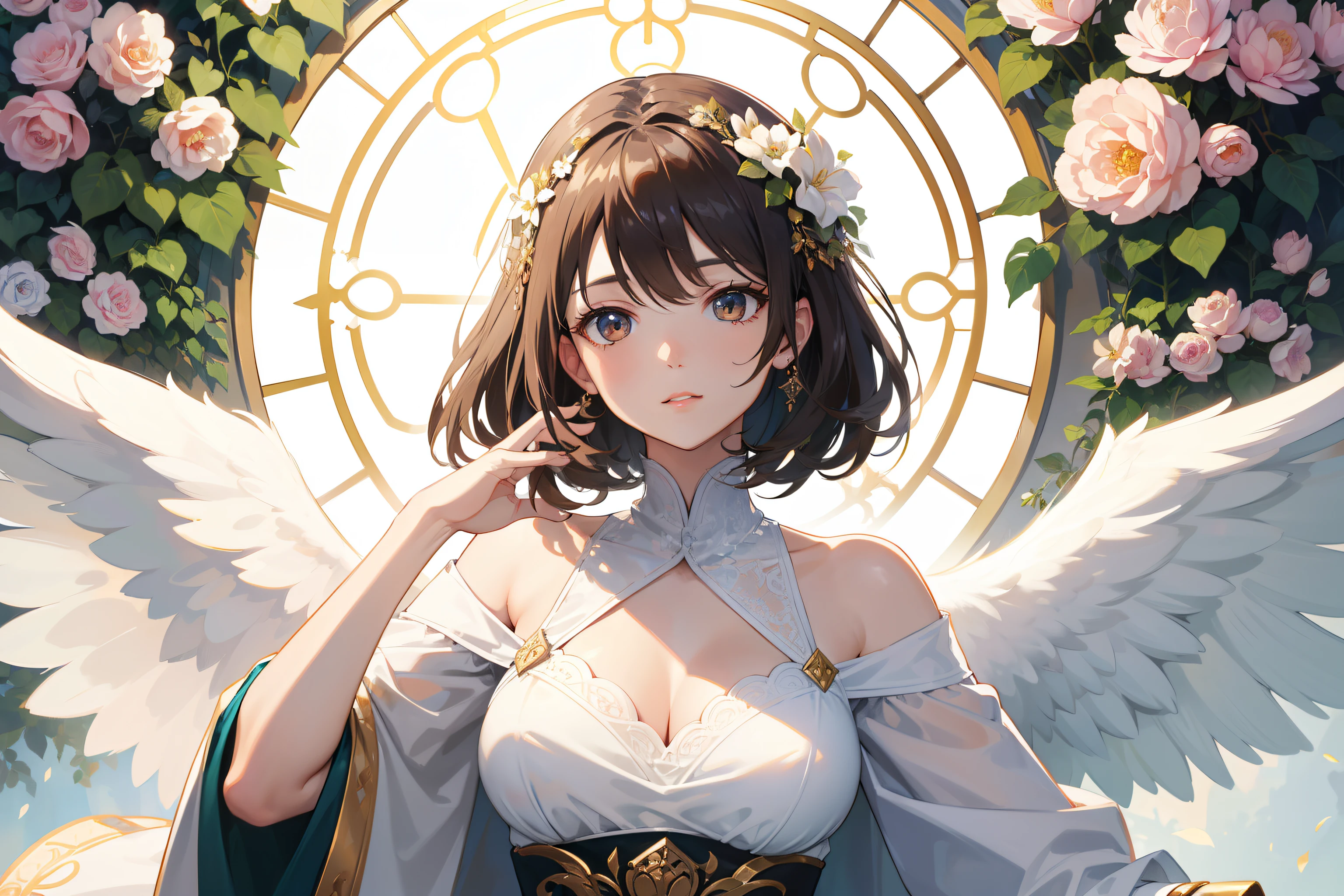 Official Art, Masterpiece European female, angel, white wings, brown short hair , brown eyes, (​masterpiece、top-quality、hight resolution: 1.4),in 8K, Anime Art Nouveau, highly detailed exquisite fanart, anime fantasy illustration, clean detailed anime art, detailed anime art, Sharp Focus, Delicate Beautiful Hair and Eyes and Face, realisitic, ultra-detailliert, flower garden, sunlight,