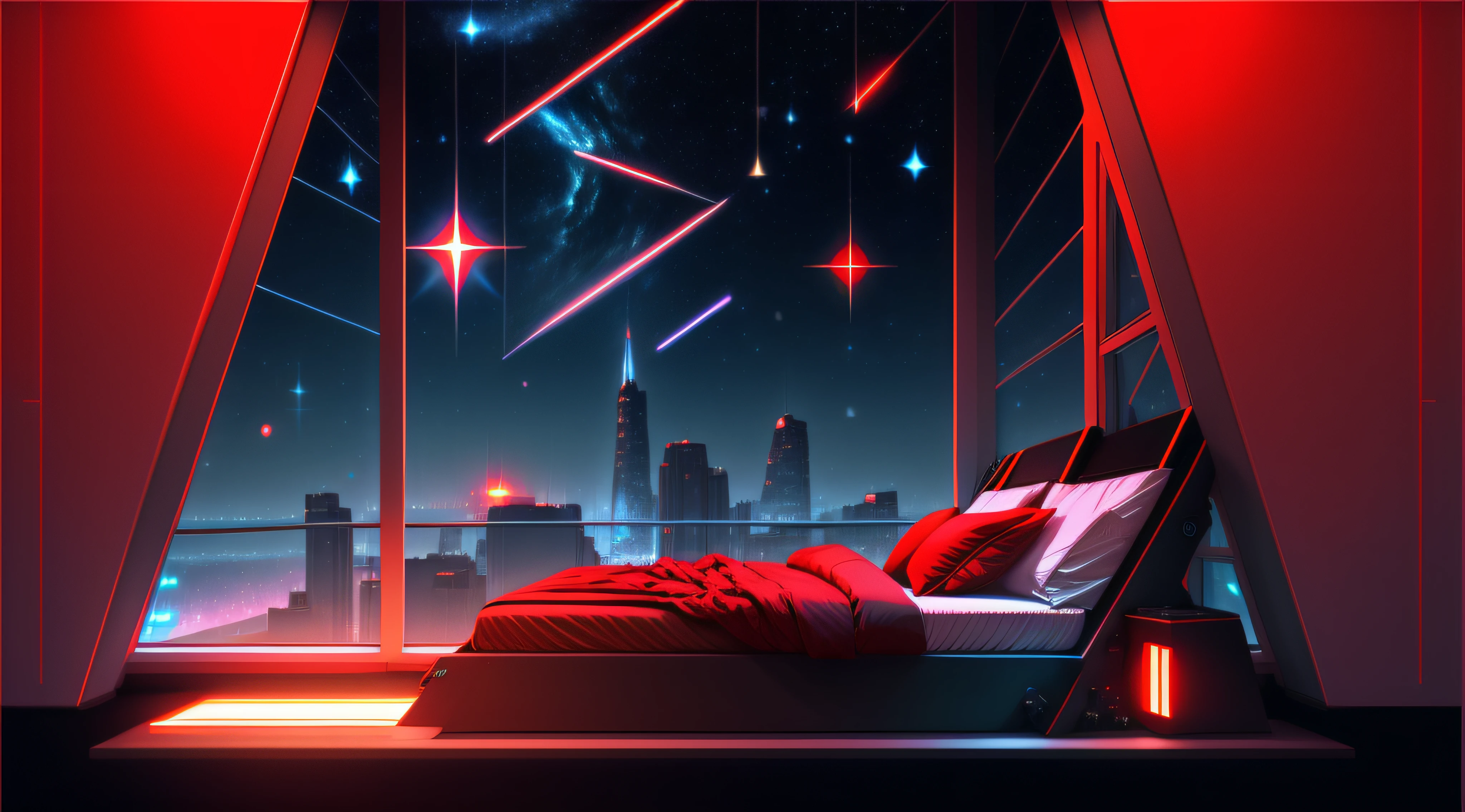 Warm Light Source Technology Cyberpunk Mechanical Minimalism Deconstructivism Bedroom Background Image Floor-to-ceiling windows Bright fluorescent Starry Sky Armor Artificial Intelligence Starry Sky Cold Light Source Only One Bed Few Red Light Sources Fox Bionic
