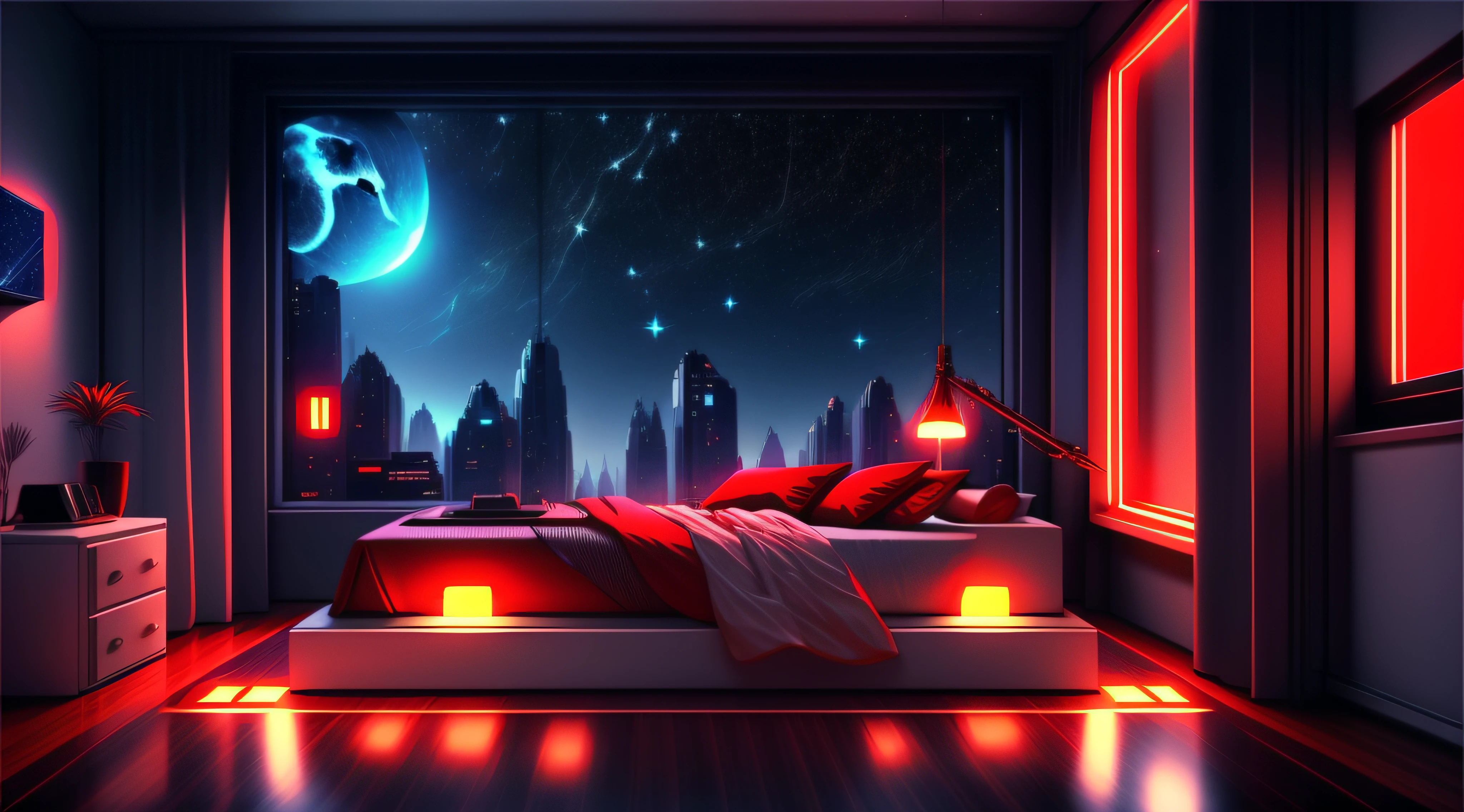 Warm Light Source Technology Cyberpunk Mechanical Minimalism Deconstructivism Bedroom Background Image Floor-to-ceiling windows Bright fluorescent Starry Sky Armor Artificial Intelligence Starry Sky Cold Light Source Only One Bed Few Red Light Sources Fox Bionic