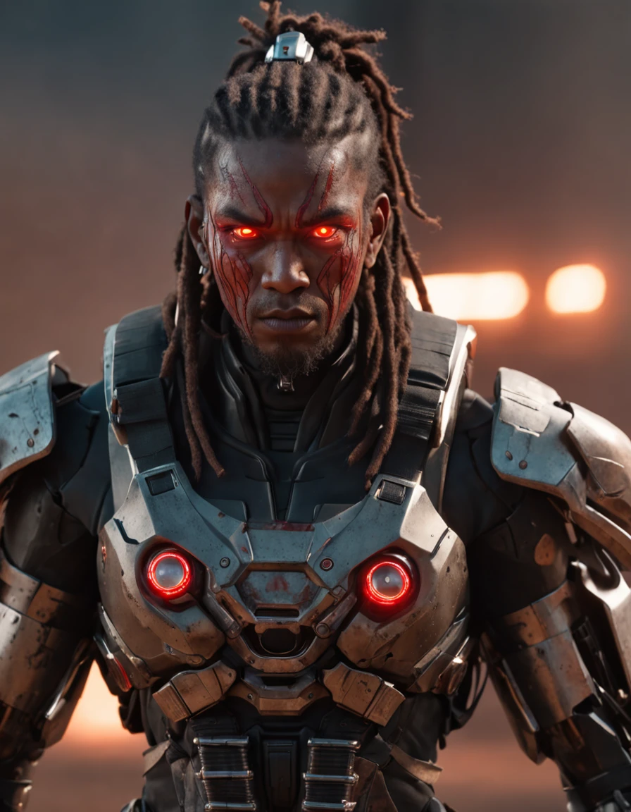 REALISTIC ANIME STYLE, JAPANESE ANIME, REAL ANIME, RAGE UNLEASHED, ANGRY, african american man cyborg soldier with dual samurai sword, red long dreadlocks, glowing neon X eyes, with shot gun on the side, heavy mecha armor, cybernetic, cyberpunk, colourful japanese stickers on armor, on planet venus, wasteland, apocalypse, baren venus planet, cinematic, volume lighting, REAL SKIN WRX62, REFLECTIVE SKIN MH66, VSGX62, REAL LIFE 5D PRO, NVDIA, AMD GRAPHICS, EPIC PORTRAIT, MOVIE STYLE DYNAMIC LIGHTING PRO, highly detailed, micro detail, intricate, 8K, hyper detailed, realistic render, unreal engine, hyperrealistic, lifelike, very coherent, fantasy, cinematic lighting, at night, epic composition, masterpiece, cinematic,