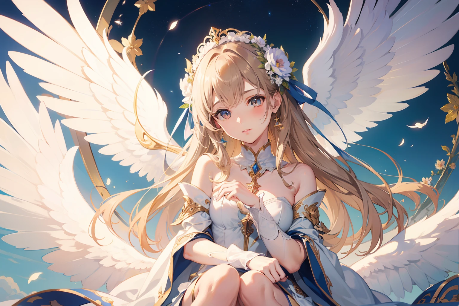 Official Art, Masterpiece European female, angel, white wings, brown short hair , brown eyes, (​masterpiece、top-quality、hight resolution: 1.4),in 8K, Anime Art Nouveau, highly detailed exquisite fanart, anime fantasy illustration, clean detailed anime art, detailed anime art, Sharp Focus, Delicate Beautiful Hair and Eyes and Face, realisitic, ultra-detailliert, flower garden, sunlight, fullbody