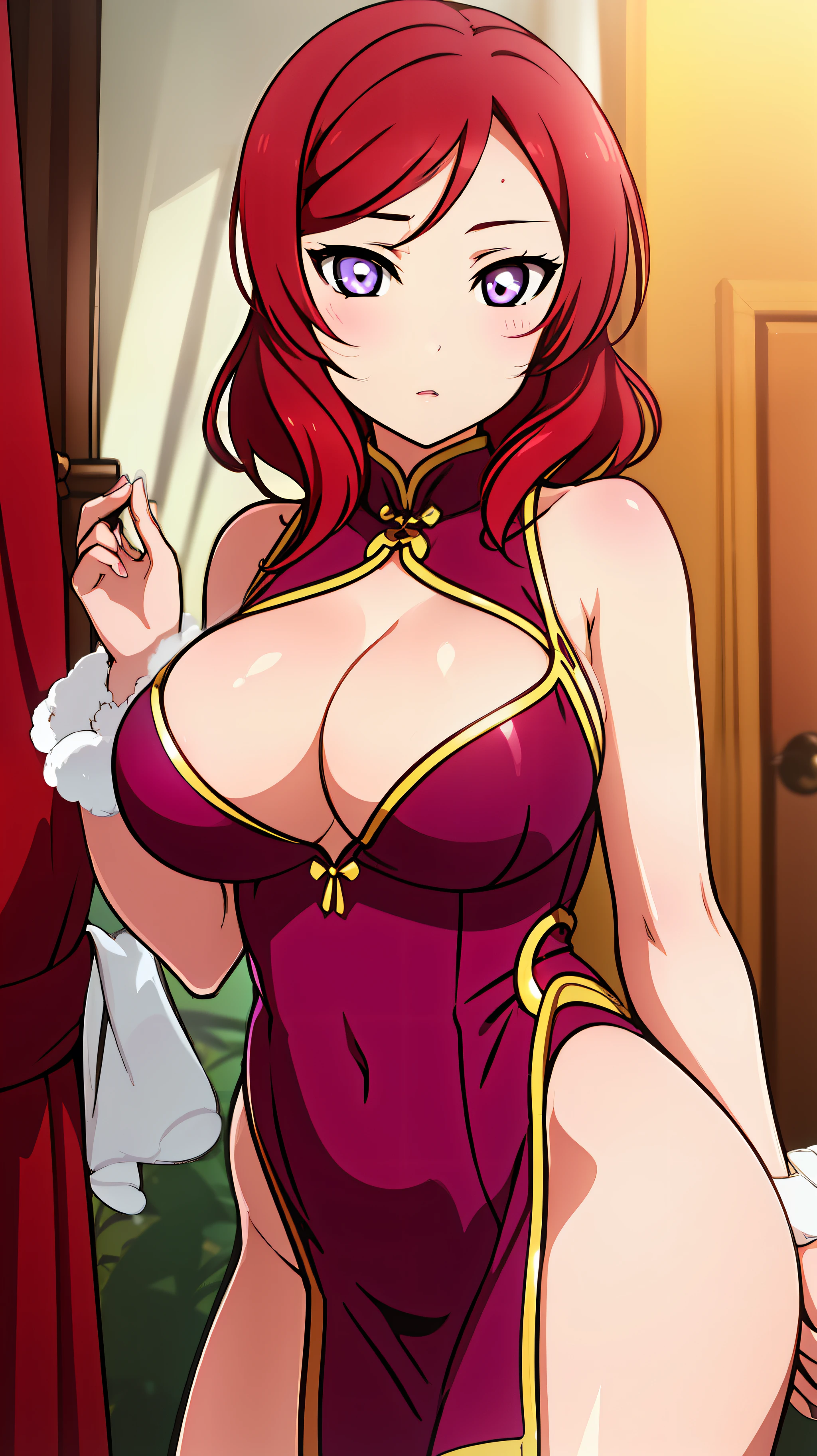 Breast curtain, cheongsam, areola slip,(Best Quality:1.0), (8K Wallpaper:1.0), Very delicate and beautiful, (Beautiful detailed face:1.0), (Detailed deep eyes), Symmetrical breasts, Deep eyes, Steam, Shiny skin,Red hair, purple eyes、Unrealistically colossal breasts,