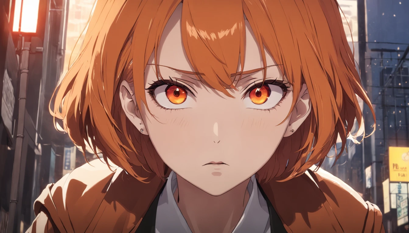 girl ,orange hair,short hair,bob cut hair, looking intense to the camera,background dessert,brown jacket.white shirt,orange eyes,serious look,dramatic light setting,red drop shape earrings,close up