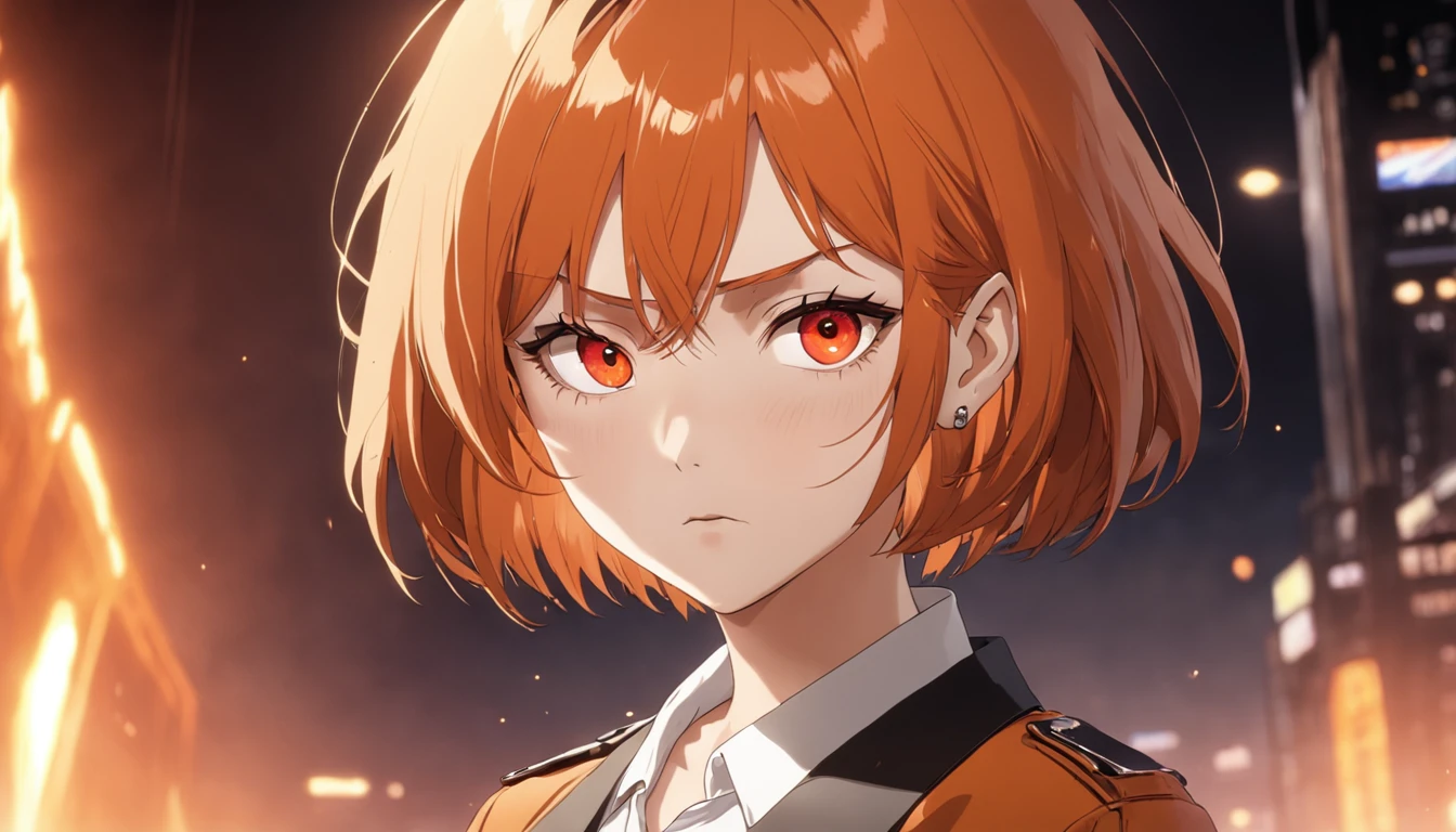 girl ,orange hair,short hair,bob cut hair, looking intense to the camera,background dessert,brown jacket.white shirt,orange eyes,serious look,dramatic light setting,red drop shape earrings,close up