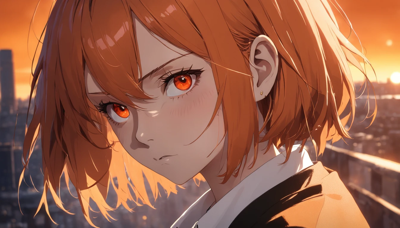 girl ,orange hair,short hair,bob cut hair, looking intense to the camera,background dessert,brown jacket.white shirt,orange eyes,serious look,dramatic light setting,red drop shape earrings,close up