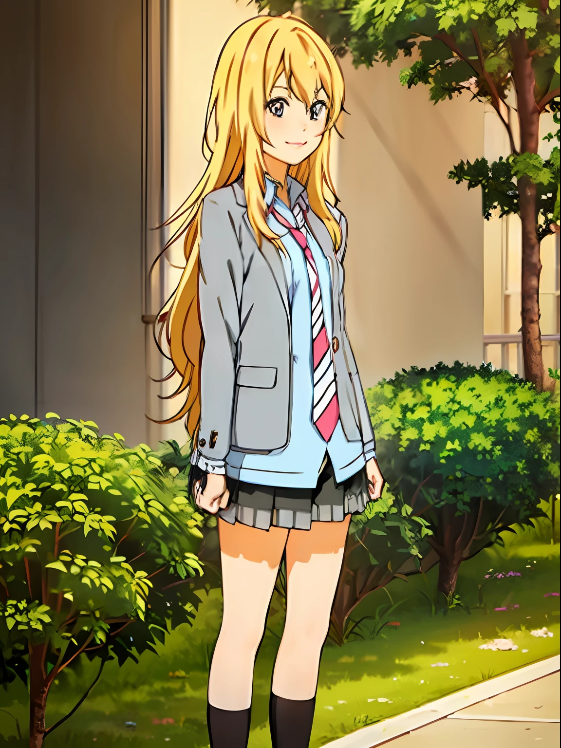 Masterpiece, hd, 2d, kaori,blonde_hair,school uniform,standing,1girl, solo,smile, long_sleeves, long_hair,upper body,elegant, best quality, masterpiece, an extremely delicate and beautiful,realistic,beautiful face,make up,with necklace,detailed,garden backround,(())