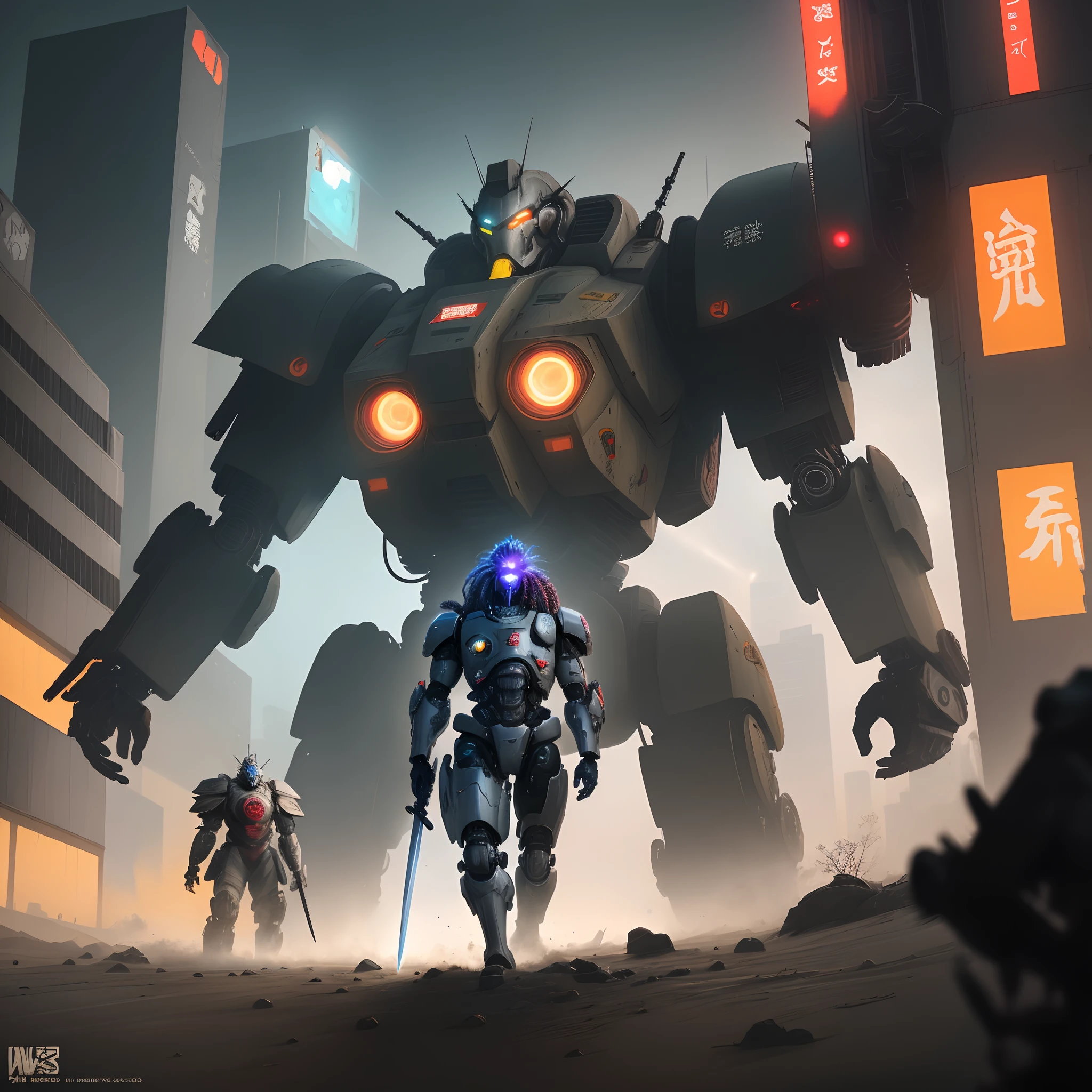 RAGE UNLEASHED, ANGRY, african american man cyborg soldier with dual samurai sword, red long dreadlocks, glowing neon X eyes, with shot gun on the side, heavy mecha armor, cybernetic, cyberpunk, colourful japanese stickers on armor, on planet venus, wasteland, apocalypse, baren venus planet, cinematic, volume lighting