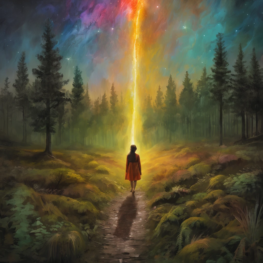 It's a scary night and a girl, which stands on a path in the middle of the forest and is illuminated by a gigantic alien UFO in the sky, (UFO), Interstellarer Hyperrealismus, Holosomnia, Affinity-Foto,  Anamorphotische Flares, Abduction, Baumstadt, Leuchtender Himmel, Entdecker, Dreamscape Architekt, Fremde Landschaft, Hirngespinst, Der Hobbit-Stil, Landschaft, unheimlich, Draufsicht, Landschaft, Science-Fiction, epische Komposition, futuristisch, somber atmosphere, hyperrealistisch, aus einer anderen Welt, filigran, Extrem magisch, ultra high resolution, fotorealistisch, realistisch, best quality, fotorealistisch, 8K, RAW-Foto, best quality, Meisterwerk, ultra-high resolution