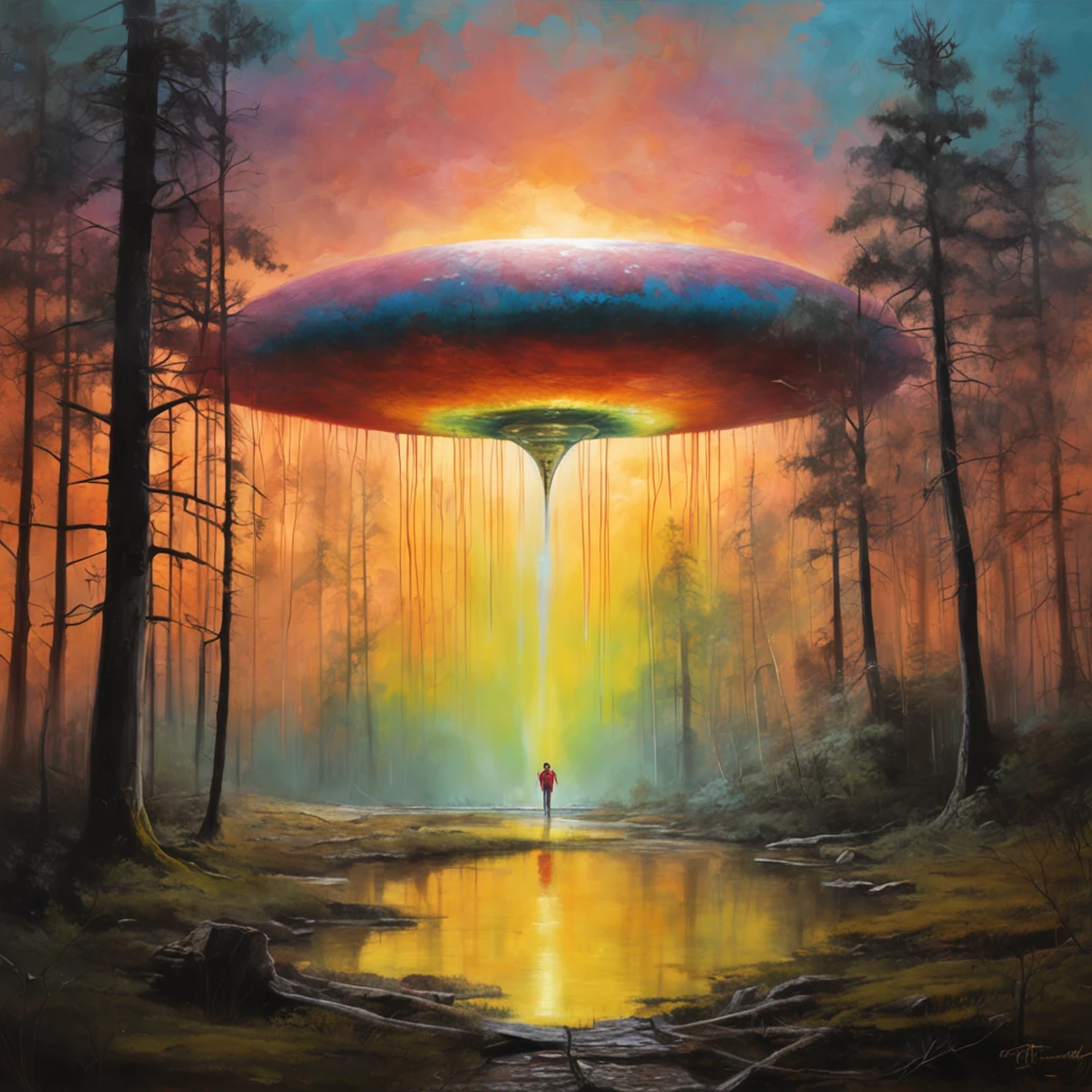 It's a scary night and a girl, which stands on a path in the middle of the forest and is illuminated by a gigantic alien UFO in the sky, (UFO), Interstellarer Hyperrealismus, Holosomnia, Affinity-Foto, Anamorphotische Flares, Abduction, Baumstadt, Leuchtender Himmel, Entdecker, Dreamscape Architekt, Fremde Landschaft, Hirngespinst, Der Hobbit-Stil, Landschaft, unheimlich, Draufsicht, Landschaft, Science-Fiction, epische Komposition, futuristisch, somber atmosphere, hyperrealistisch, aus einer anderen Welt, filigran, Extrem magisch, ultra high resolution, fotorealistisch, realistisch, best quality, fotorealistisch, 8K, RAW-Foto, best quality, Meisterwerk, ultra-high resolution