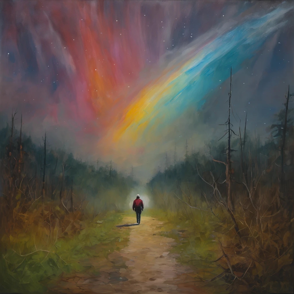 It's a scary night and a girl, which stands on a path in the middle of the forest and is illuminated by a gigantic alien UFO in the sky, (UFO), Interstellarer Hyperrealismus, Holosomnia, Affinity-Foto, Anamorphotische Flares, Abduction, Baumstadt, Leuchtender Himmel, Entdecker, Dreamscape Architekt, Fremde Landschaft, Hirngespinst, Der Hobbit-Stil, Landschaft, unheimlich, Draufsicht, Landschaft, Science-Fiction, epische Komposition, futuristisch, somber atmosphere, hyperrealistisch, aus einer anderen Welt, filigran, Extrem magisch, ultra high resolution, fotorealistisch, realistisch, best quality, fotorealistisch, 8K, RAW-Foto, best quality, Meisterwerk, ultra-high resolution