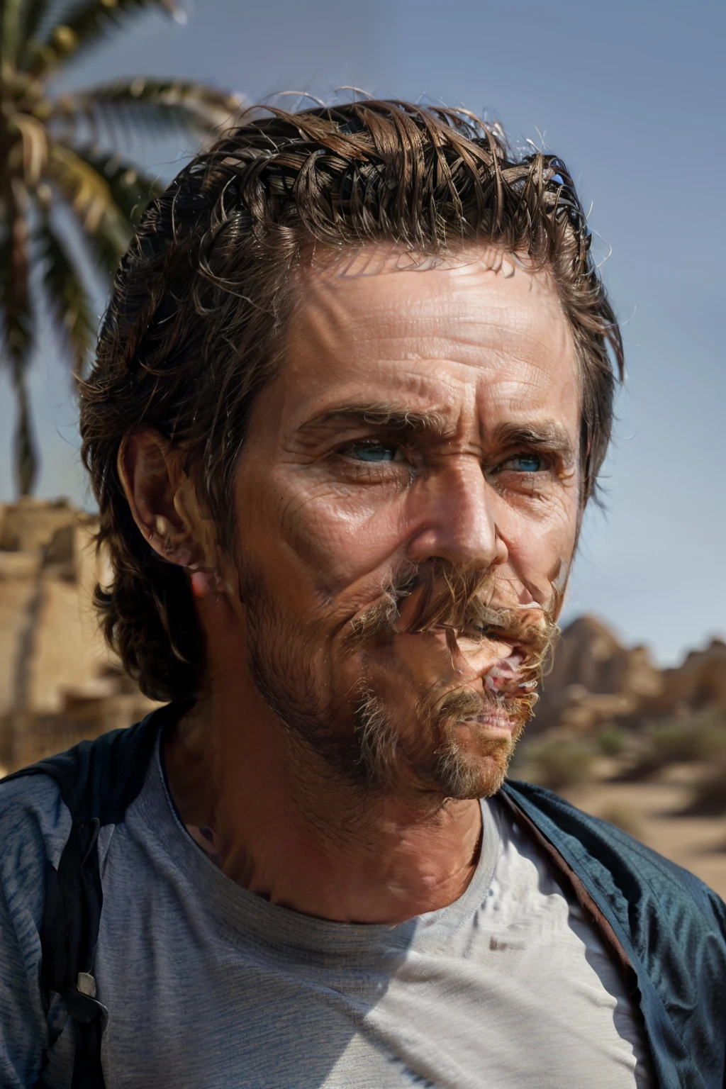William Dafoe wearing blue, from the movie of the biblical prophet, he looks up to heaven and cries out to God to hear him, com tons quentes e terrosos, e sombras profundas, has a wise expression, --V 5 --Estilizar 1000, Biblical prophet cries out to God for the lives of his people, obra-prima, detalhes intrincados, cinemactic, The biblical prophet looks to heaven, A beautiful blue sky with some clouds, It's in the Sinai Desert, em uma colina, In the background is the desert and a small biblical village in the background, 60-year-old biblical character, no deserto: epic realistic, Soft cinematic portrait, Adobe Lightroom, photographic lab, altamente detalhado, desbotado, arte de greg rutkowski e artgerm ,cores neutras: 1,2), (HDR: 1,4) , (cores suaves:1.2), hiperdetalhado, (art-station:1.4), cinemactic, luzes quentes, dramatic light, (detalhes intrincados:1.1), fundo complexo, (Rutkowski:0.66), (azul e laranja:0.4), cinemactic, Old man wears brown tunic and is looking up at the sky, (((olhos perfeitos, expressivos))), 8k, olha para cima, to the sky still blue, ((olhar perfeito, Expressivo))), (((apenas um homem))), ((barba curta e cabelo curto quase brancos)), Looking Up The Sky, (((olhos perfeitos)) Epic image, cinematographic, Cinematic 8K, imagem de corpo inteiro, He is alone and his eyes staring at the blue sky with some clouds, (((olhos bem detalhados, very sharp, expressivos))) ((tem barba curta e cabelo curto)),