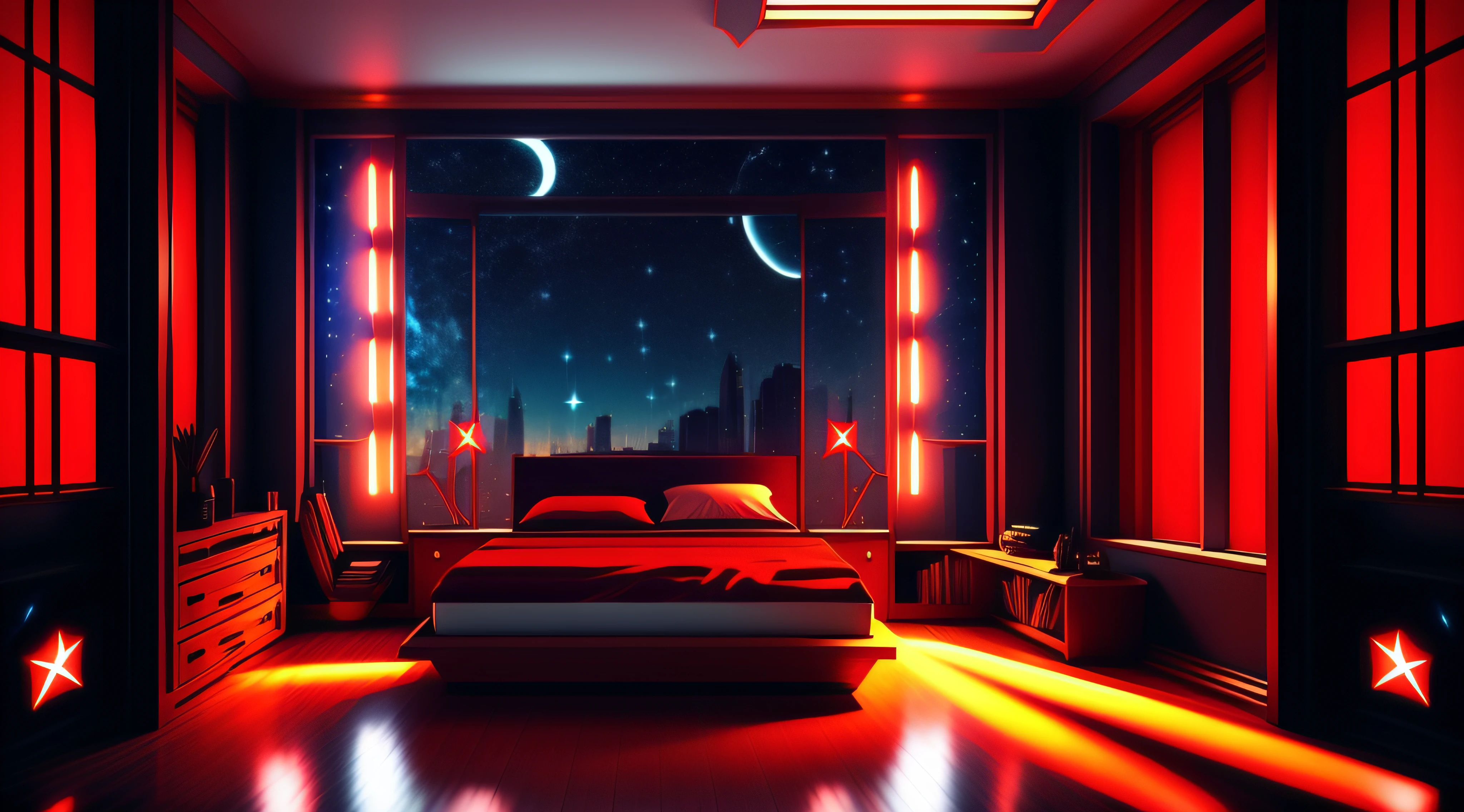 Warm Light Source Technology Cyberpunk Mechanical Minimalism Deconstructivism Bedroom Background Picture Floor-to-ceiling windows Bright fluorescent Starry Sky Armor Artificial Intelligence Starry Sky Cold Light Source Only One Bed One Red Light Source Fox Bionic Handsome European Retro A few carvings