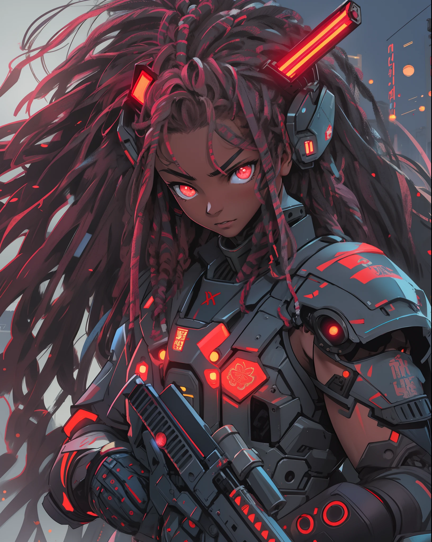 REALISTIC ANIME STYLE, JAPANESE ANIME, REAL ANIME, RAGE UNLEASHED, ANGRY, african american man cyborg soldier with dual samurai sword, red long dreadlocks, glowing neon X eyes, with shot gun on the side, heavy mecha armor, cybernetic, cyberpunk, colourful japanese stickers on armor, on planet venus, wasteland, apocalypse, baren venus planet, cinematic, volume lighting, REAL SKIN WRX62, REFLECTIVE SKIN MH66, VSGX62, REAL LIFE 5D PRO, NVDIA, AMD GRAPHICS, EPIC PORTRAIT, MOVIE STYLE DYNAMIC LIGHTING PRO, highly detailed, micro detail, intricate, 8K, hyper detailed, realistic render, unreal engine, hyperrealistic, lifelike, very coherent, fantasy, cinematic lighting, at night, epic composition, masterpiece, cinematic,