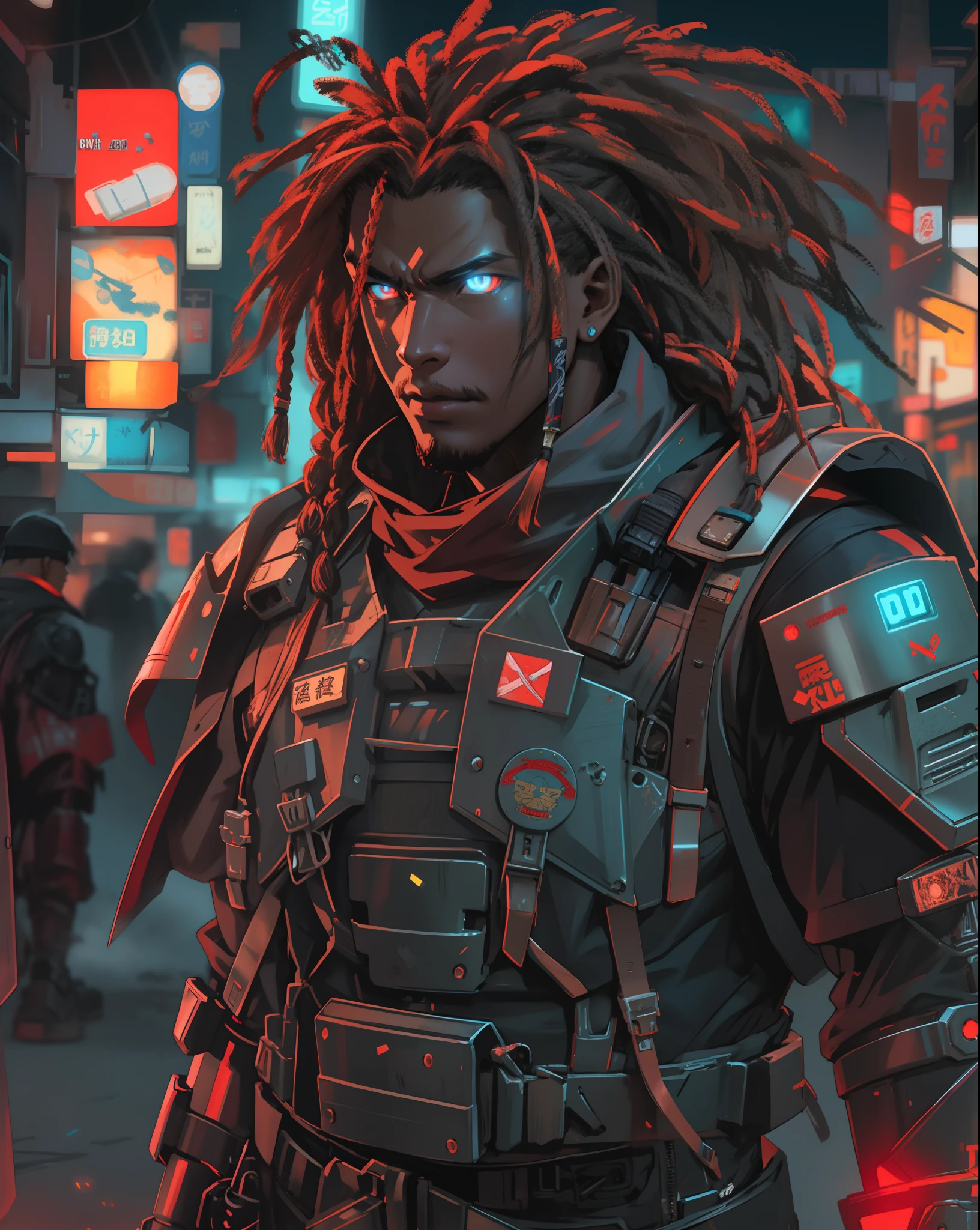 REALISTIC ANIME STYLE, JAPANESE ANIME, REAL ANIME, RAGE UNLEASHED, ANGRY, african american man cyborg soldier with dual samurai sword, red long dreadlocks, glowing neon X eyes, with shot gun on the side, heavy mecha armor, cybernetic, cyberpunk, colourful japanese stickers on armor, on planet venus, wasteland, apocalypse, baren venus planet, cinematic, volume lighting, REAL SKIN WRX62, REFLECTIVE SKIN MH66, VSGX62, REAL LIFE 5D PRO, NVDIA, AMD GRAPHICS, EPIC PORTRAIT, MOVIE STYLE DYNAMIC LIGHTING PRO, highly detailed, micro detail, intricate, 8K, hyper detailed, realistic render, unreal engine, hyperrealistic, lifelike, very coherent, fantasy, cinematic lighting, at night, epic composition, masterpiece, cinematic,