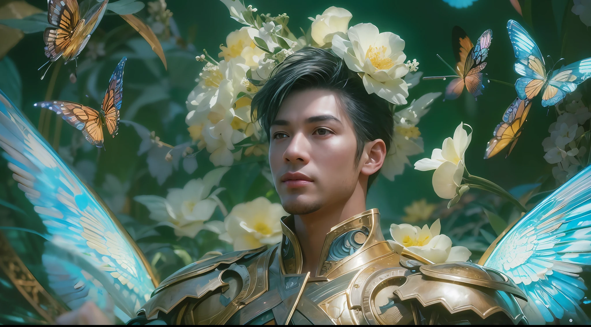 1boy, photo of very very handsome suave smiling young 25-year-old male Chinese prince, clothed in futuristic cybernetic armor, wearing a large futuristic crown, walking in a lush flower garden with many neon glowing butterflies, sci-fi, intricate, neon light, ((perfect face)), ((perfect hands)), ((perfect body)), ((correct anatomy)), ((ultra-realistic)), ((8k, UHD)), highly detailed, digital painting, artstation, concept art, human anatomy, soft light, smooth, illustration, art by tian zi and craig mullins and WLOP and alphonse mucha