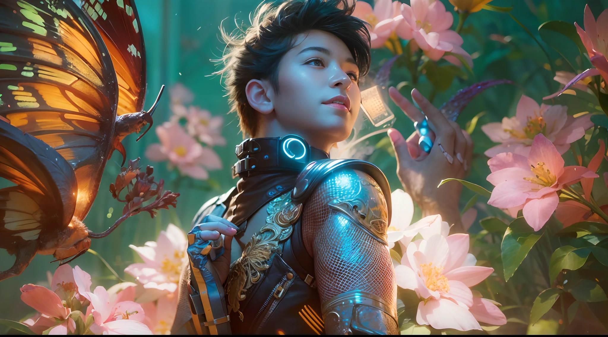 1boy, photo of very very handsome suave smiling young 25-year-old male Chinese prince, clothed in futuristic cybernetic armor, wearing a large futuristic crown, walking in a lush flower garden with many neon glowing butterflies, sci-fi, intricate, neon light, ((perfect face)), ((perfect hands)), ((perfect body)), ((correct anatomy)), ((ultra-realistic)), ((8k, UHD)), highly detailed, digital painting, artstation, concept art, human anatomy, soft light, smooth, illustration, art by tian zi and craig mullins and WLOP and alphonse mucha