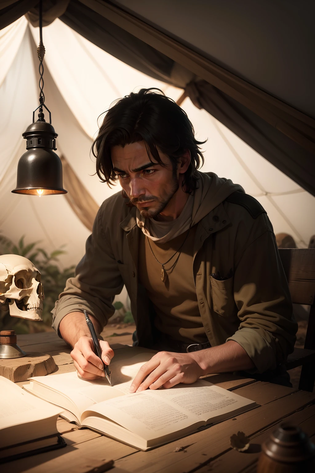 Adentramos o mundo de Louis Leakey, encontrando-o em um ambiente diferente, this time in a rustic laboratory in a tent in East Africa. He is carefully examining a fossilized skull placed on a weathered wooden table. The dim light of the lantern on the table highlights the lines and grooves of the skull, while maps and scientific notes adorn the tent walls. The environment is impregnated with an air of mystery and discovery, as Louis unravels the secrets of human origins. detailed digital illustration, highlighting the subtle lighting and intricate details of the skull, --ar 16:9 --v 5.