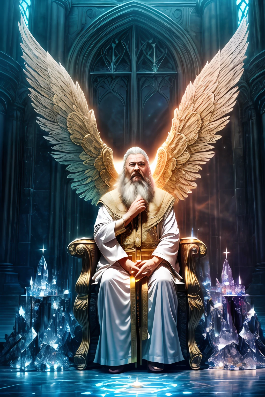 nerdphoton1, super high resolution, best quality, photo, 8k, (photorealistic: 1.2), cinematic lighting, An old man shaped like a fantz wlop, giant man with beard in bright white robes and floating on the crystal throne floating on crystal clouds, yellow eyes, bright yellow light emitted from the throne, precious stones floating in the sky, God, with beams of light enveloping his body, with large translucent, feathered wings on the crystal throne, wings are open, golden light (halo:1.2) over your head, abdominal muscles dressed in medieval golden armor, beard, masculine, dark, masterpiece, best quality, intricate details, snow environment and crystals in the background, crystal cathedral, portal of the future, 3D light, HD, magic, god of light, backlighting, detailed face, DREAD, depth of field, soft lighting, tone mapped, highly detailed, concept art, smooth, sharp focus, dramatic lighting, highly detailed art, cinematic, 8K, amazing shadows (highly detailed background: 1.2)