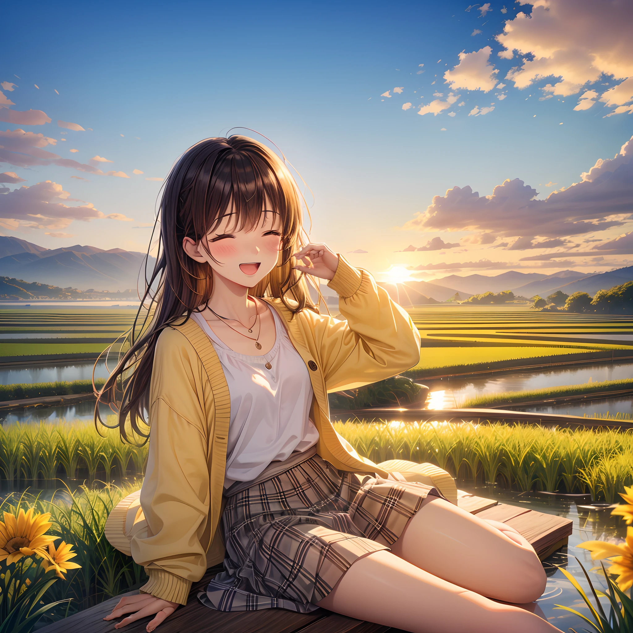 top quality, masterpiece, 1 woman, solo, 20 years old, (close eyes: 1.4), laugh with open mouth, looking at the camera, long hair with yellow gloss, brown cardigan, white underwear, black loafers, argyle check skirt, blushing, blue eyes, evening, a lot of rice fields, a big sunset, orange view, a small necklace,