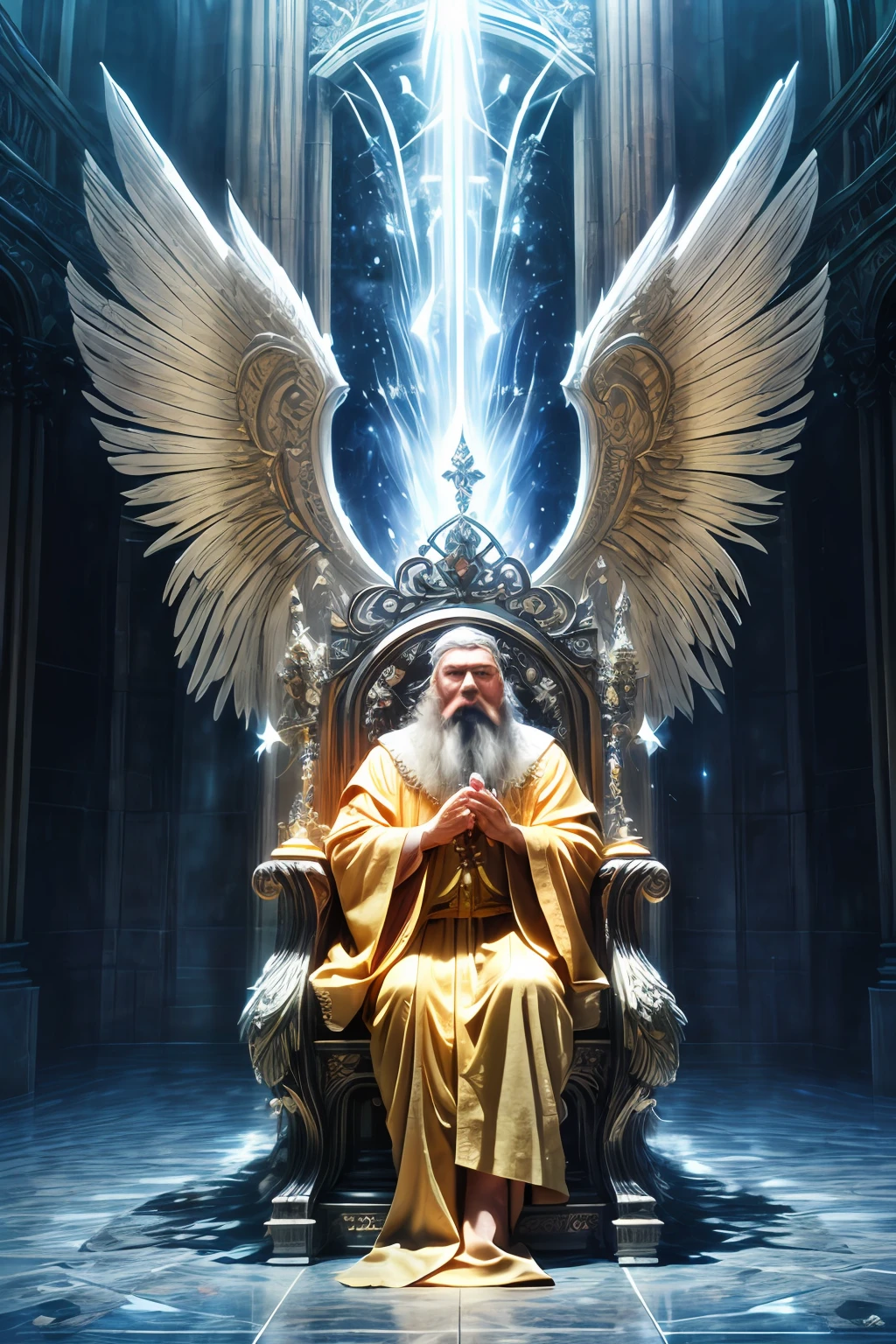 nerdphoton1, super high resolution, best quality, photo, 8k, (photorealistic: 1.2), cinematic lighting, An old man shaped like a fantz wlop, giant man with beard in bright white robes and floating on the crystal throne floating on crystal clouds, yellow eyes, bright yellow light emitted from the throne, precious stones floating in the sky, God, with beams of light enveloping his body, with large translucent, feathered wings on the crystal throne, wings are open, golden light (halo:1.2) over your head, abdominal muscles dressed in medieval golden armor, beard, masculine, dark, masterpiece, best quality, intricate details, snow environment and crystals in the background, crystal cathedral, portal of the future, 3D light, HD, magic, god of light, backlighting, detailed face, DREAD, depth of field, soft lighting, tone mapped, highly detailed, concept art, smooth, sharp focus, dramatic lighting, highly detailed art, cinematic, 8K, amazing shadows (highly detailed background: 1.2)