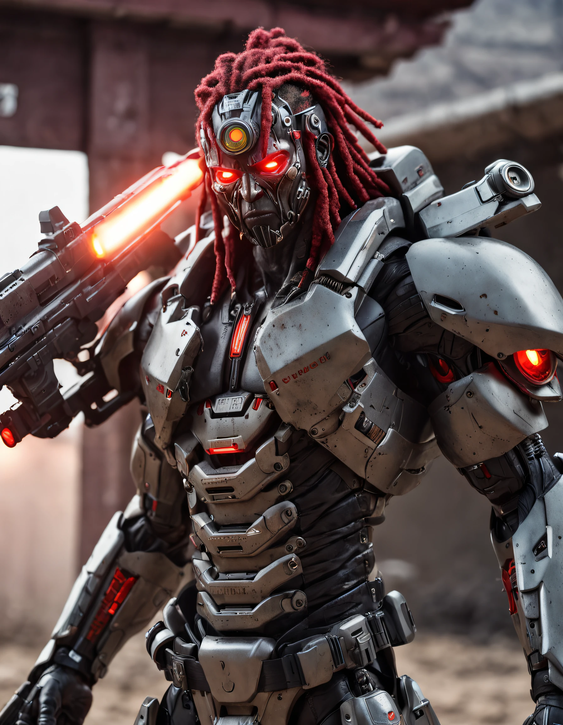 REALISTIC ANIME STYLE, JAPANESE ANIME, REAL ANIME, RAGE UNLEASHED, ANGRY, african american man cyborg soldier with dual samurai sword, red long dreadlocks, glowing neon X eyes, with shot gun on the side, heavy mecha armor, cybernetic, cyberpunk, colourful japanese stickers on armor, on planet venus, wasteland, apocalypse, baren venus planet, cinematic, volume lighting