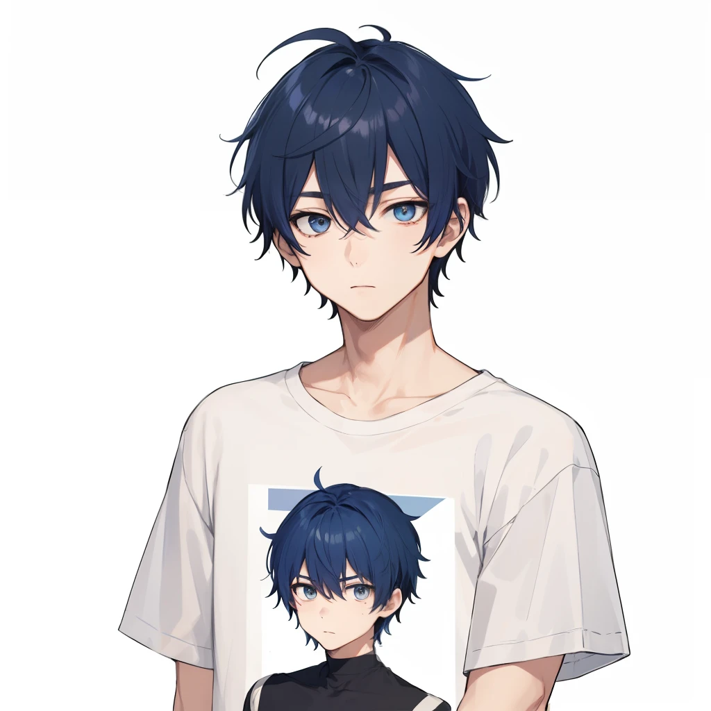 1 boy, masculine、very short blue-haired、white eyes、neutral expression, loose black t-shirt