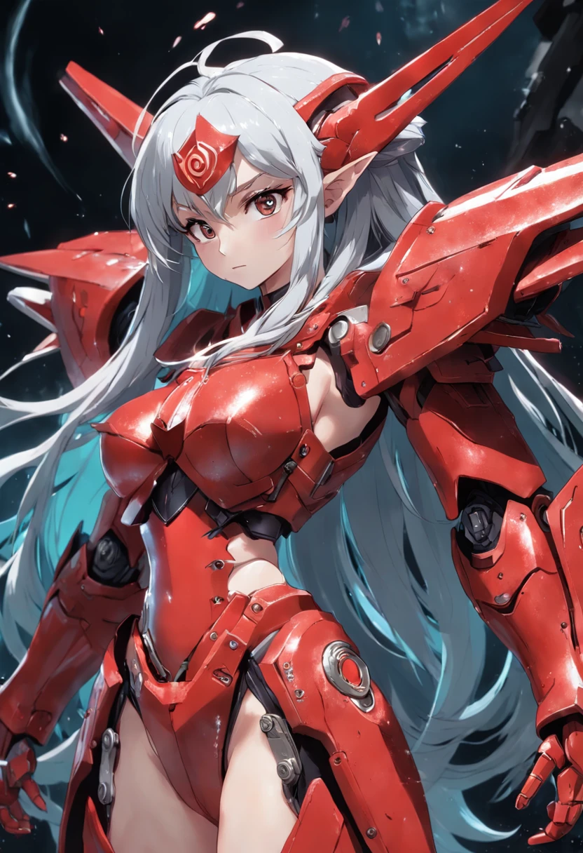 elf, heavy armored, mech, cannons, red and silver, Masterpiece, Best Quality