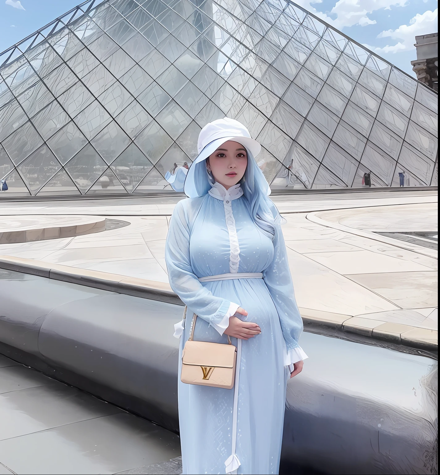 pregnant woman wearing a blue dress and a white hat standing in front of a pyramid, dilraba dilmurat, in paris, wearing louis vuitton armor, fan bingbing, wonderful masterpiece, in a blue qipao, lv, with a figure in the background, wearing an ornate outfit, great masterpiece, 🤠 using a 🖥, pale blue outfit, with big boobs