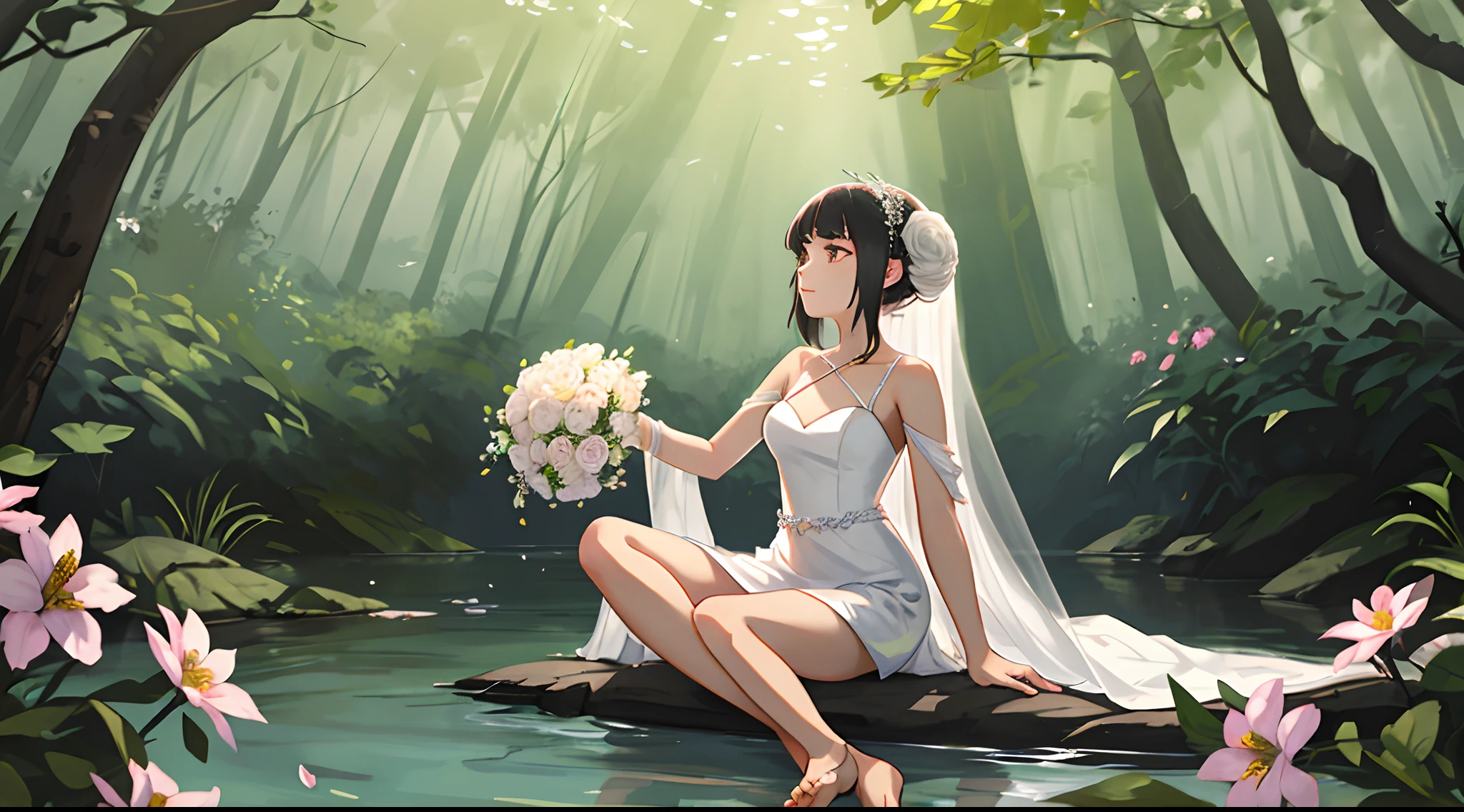 1girl, lamia, scutes, white wedding gown, full bodyesbian, Bareleged，The barefoot，Original Character, volumettic light, best shadow, shallowdepthoffield, Stunning beautiful girl, petite, Delicate, beautiful and charming face，ln the forest，Eau，Treading barefoot in the water，flowers in full bloom