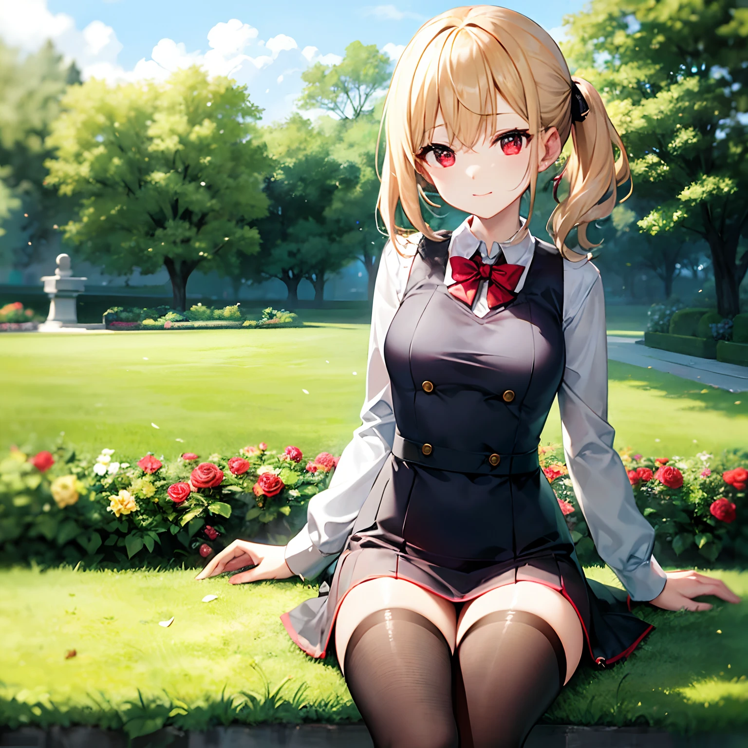red blush、a blond、poneyTail、red eyes、Beautiful girl alone、animesque、独奏、a miniskirt、A sexy、flower field、