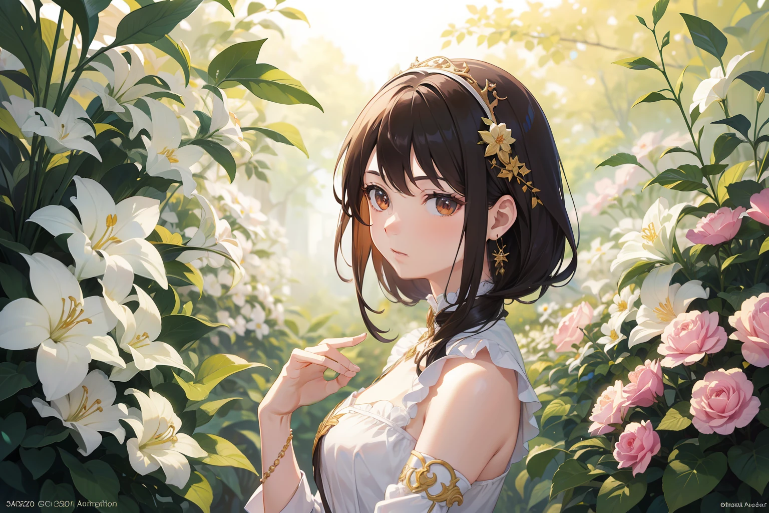 Official Art, Masterpiece European female, angel, brown short hair , brown eyes, (​masterpiece、top-quality、hight resolution: 1.4),in 8K, Anime Art Nouveau, highly detailed exquisite fanart, anime fantasy illustration, clean detailed anime art, detailed anime art, Sharp Focus, Delicate Beautiful Hair and Eyes and Face, realisitic, ultra-detailliert, flower garden, sunlight,