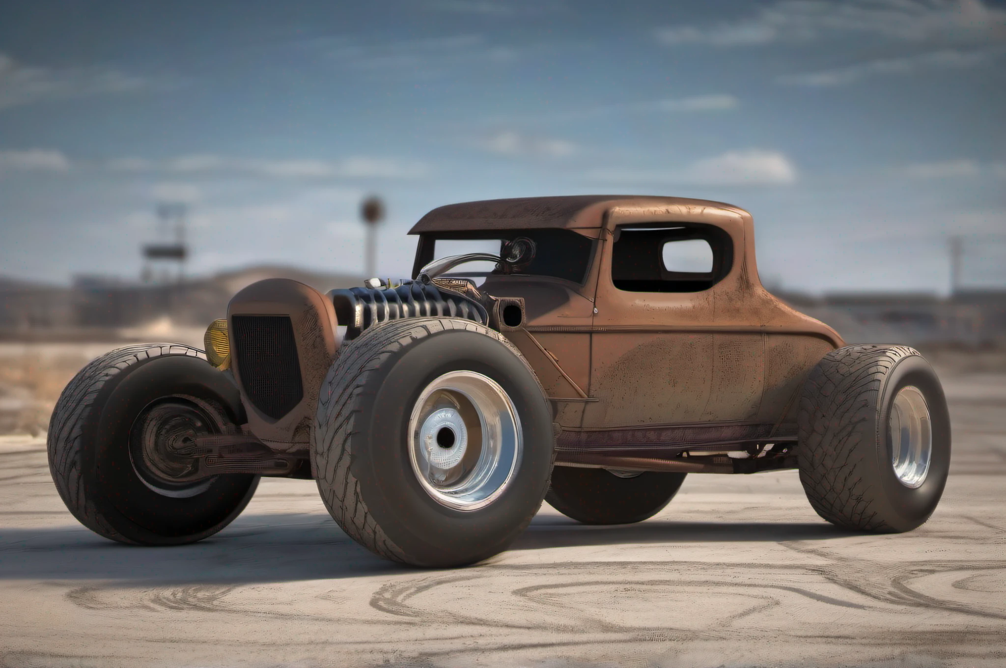 (((low-slung tuned futuristic cyberpunk mate brown badass rat rod zeekar))) hotrod, at the parking lot, wide tires, (mad max style), monster truck, dune buggy, ((1car:1.3)), supercharger, white background, mate finish, dusty, mate simple paintjob, (muddy), 3d render, brown, smooth lines, smooth bodywork, (octane render), huge slick tires, mate brown muddy livery, mud, rust, fat tires, ((oversized radial tires)), drag slicks, ((hot rod))