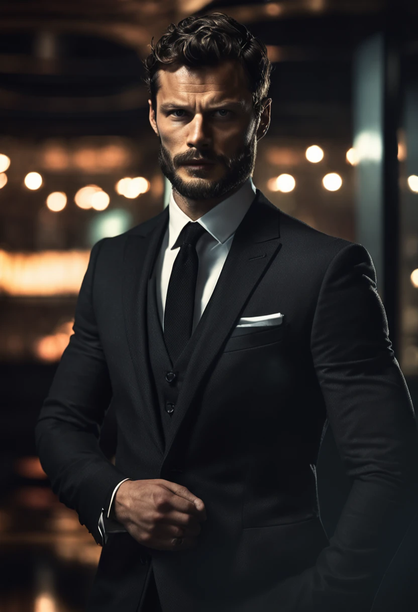 (Man wearing black suit without tie), ), (wearing beard,) attractive and serious look, short dark hair, stylish and elegant, shaved and strong body fitted in the suit, show body, man similar to actor jamie dornan, (high quality and realistic image), in the background of the dark black image and lights, cinematic style, ((Best quality, 8k, Masterpiece).