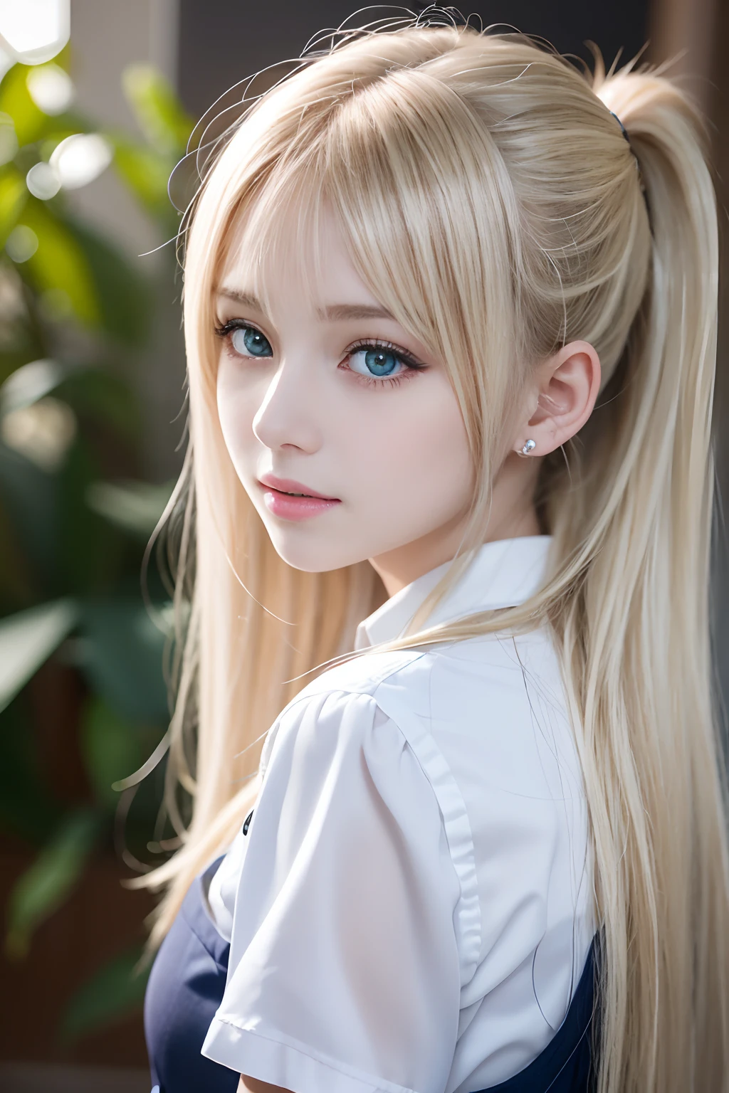 portlate、School Uniforms、bright expression、poneyTail、Young shiny shiny white shiny skin、Best Looks、Blonde reflected light、Platinum blonde hair with dazzling highlights、shiny light hair,、Super long silky straight hair、Beautiful bangs that shine、Glowing crystal clear attractive big blue eyes、Very beautiful nice cute girl、Lush bust、Healthy skin、