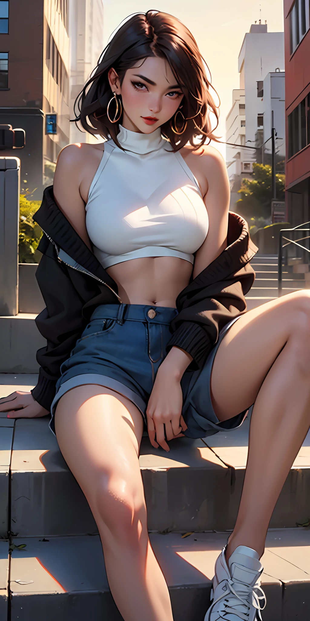 ​masterpiece、Top image quality、1人の女性、Beautiful woman sitting on the stairs、Legs wide open、Hands between the legs、off-the-shoulder sweater, (shortpants:1.2)、The navel is visible、Detailed facial expressions、Detailed eye、Detailed nose、((Detailed red lips))、(((爆乳)))、Female proportions considered everywhere、Skyscraper District、Sunset between buildings、Large circular earrings、(beauty legs:1.4),(Accentuated legs:1.4)