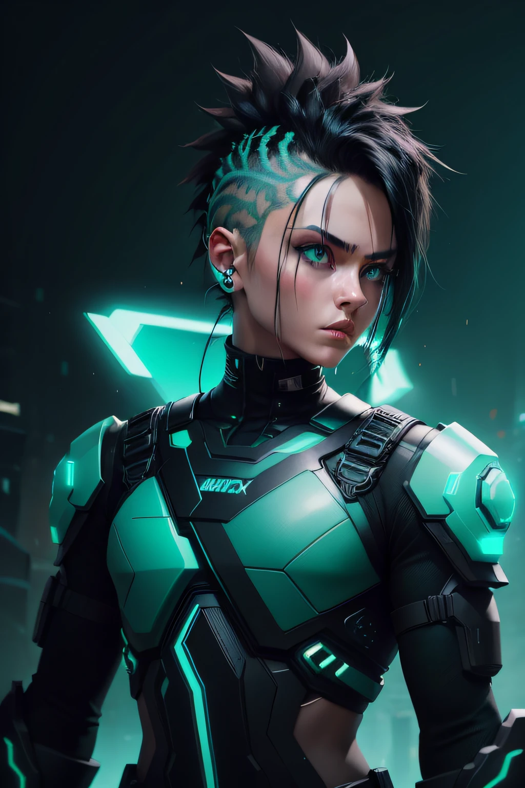 man hair Mohican green weapon cyberpunk in hand ( Black & green: 1.5)(Ultra High Quality,unparalleled masterpiece:1.4)(Realism:1.2),(Realisitc:1.2)(absurdres:1.2),4k,Extremely perfect pixels,Detailed,A highly detailed,digital art,Flat vector art, illustration concept art a close up of a bunch of different screens with a green glow, game overlay, black and cyan color scheme, teal neon lights, overlay, teal skin, green colored theme, ambient teal light, vhs overlay, glowing hue of teal, game ui asset design, green, game ui, green and black color scheme